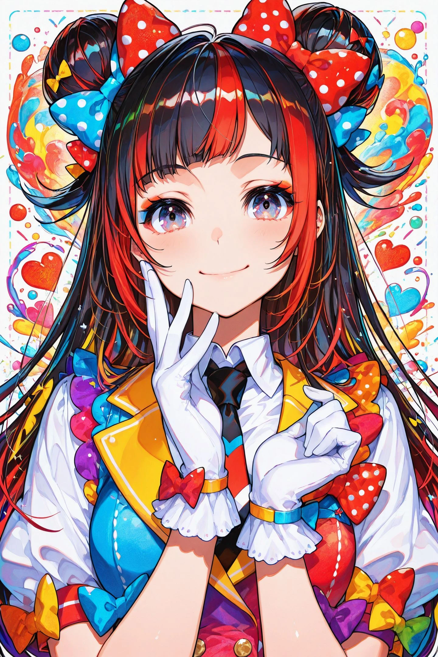 bow,1girl,smile,multicolored hair,polka dot,necktie,red hair,hair bow,looking at viewer,black hair,colorful,heart,white gloves,polka dot bow,gloves,closed mouth,colorful,
<lora:Mika Pikazo_illustriousXL:0.9>,