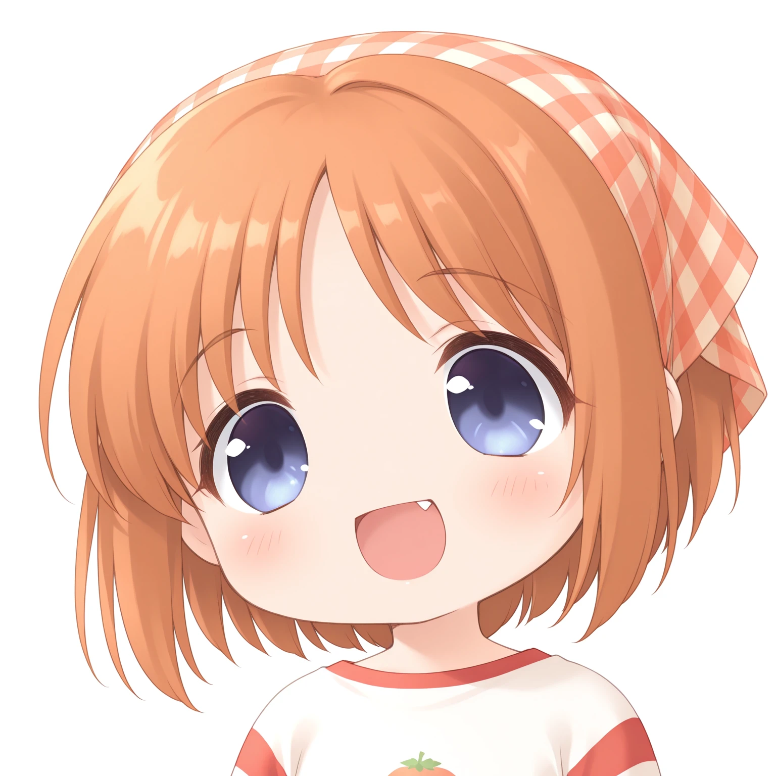 masterpiece,best quality,newest,absurdres,highres,1girl,no nose,solo,mutsuki face \(blue archive\),portrait,chibi,<lora:mutsukifacebaillusxl:0.8>,
:d,happy,fang,
BREAK <lora:Yamato_Suzuran_illuV01_illuV01_b3g2plw04c1wd05_d32a32_lr800s2_rvs:1>,YmtSzr_Suigetsu,
orange brown hair,short hair,parted bangs,head scarf,checkered scarf,blue eyes,white shirt,striped sleeves,