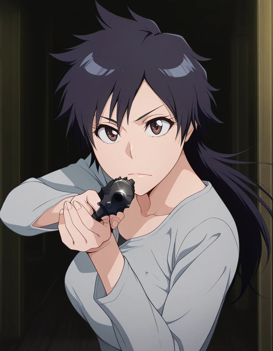 masterpiece, best quality, amazing quality,, <lora:tatsuki-arisawa-anime-illustriousxl-lora-nochekaiser:1>, tatsuki arisawa, arisawa tatsuki, short hair, black hair, long hair, brown eyes, mature female, medium breasts, anime screencap, <lora:center-axis-relock-stance-illustriousxl-lora-nochekaiser:1>, center axis relock stance, looking at viewer, holding, closed mouth, weapon, holding weapon, gun, holding gun, handgun, aiming, finger on trigger, aiming at viewer, m1911,,