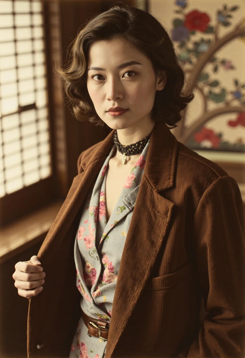 OldJapan style photo, a portrait in the style of Terry Richardson showing a brunnette French woman wearing a choker necklace, posed confidently with one hand in her jacket pocket, against a softly blurred backdrop of traditional Japanese paper screens, captured in high detail bw photo and colored by hand with vivid reds and golds.