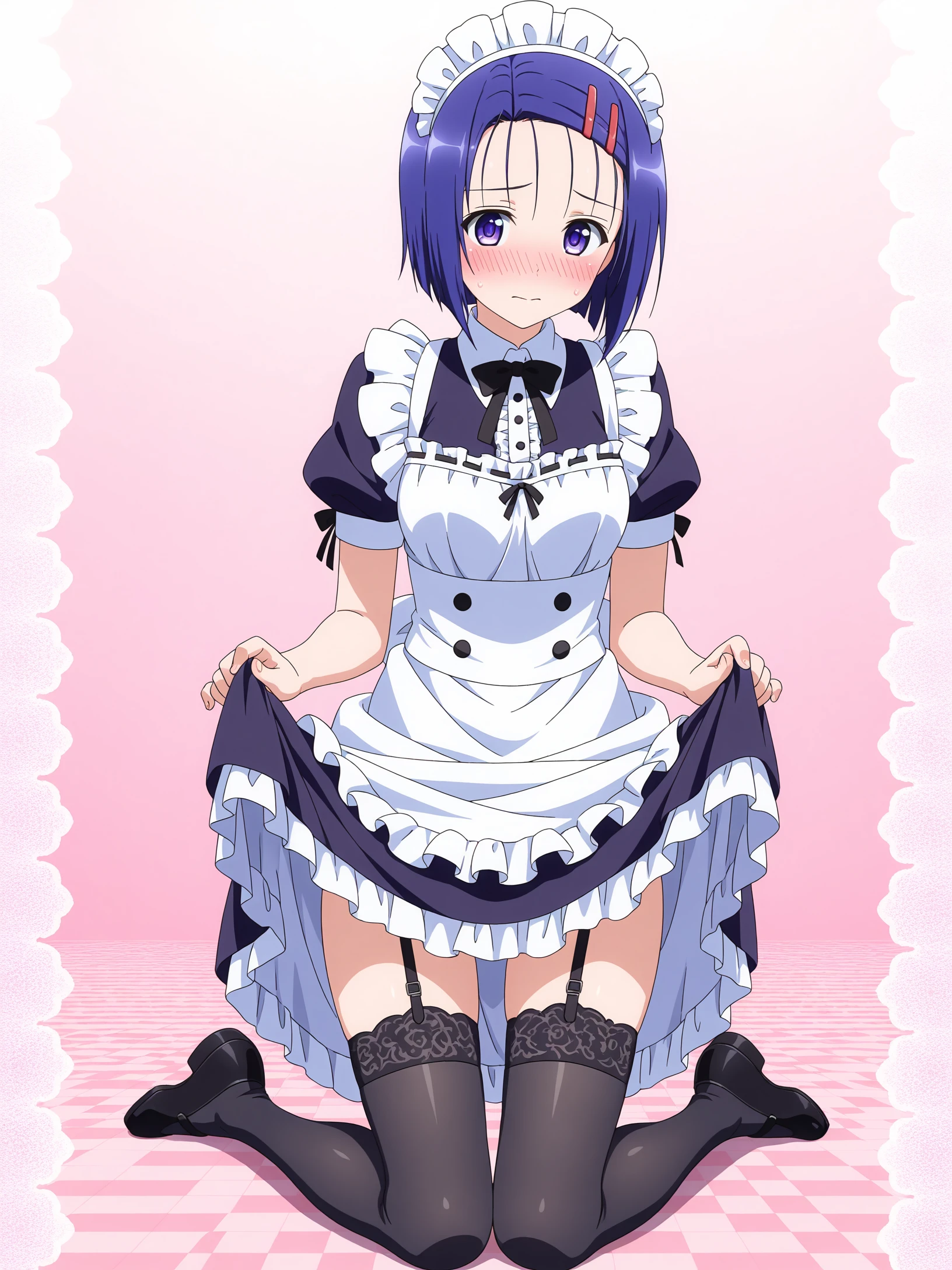 Girl in black white maid uniform with stockings blue hair red eyes Short skirt with small breasts show panties pink In room