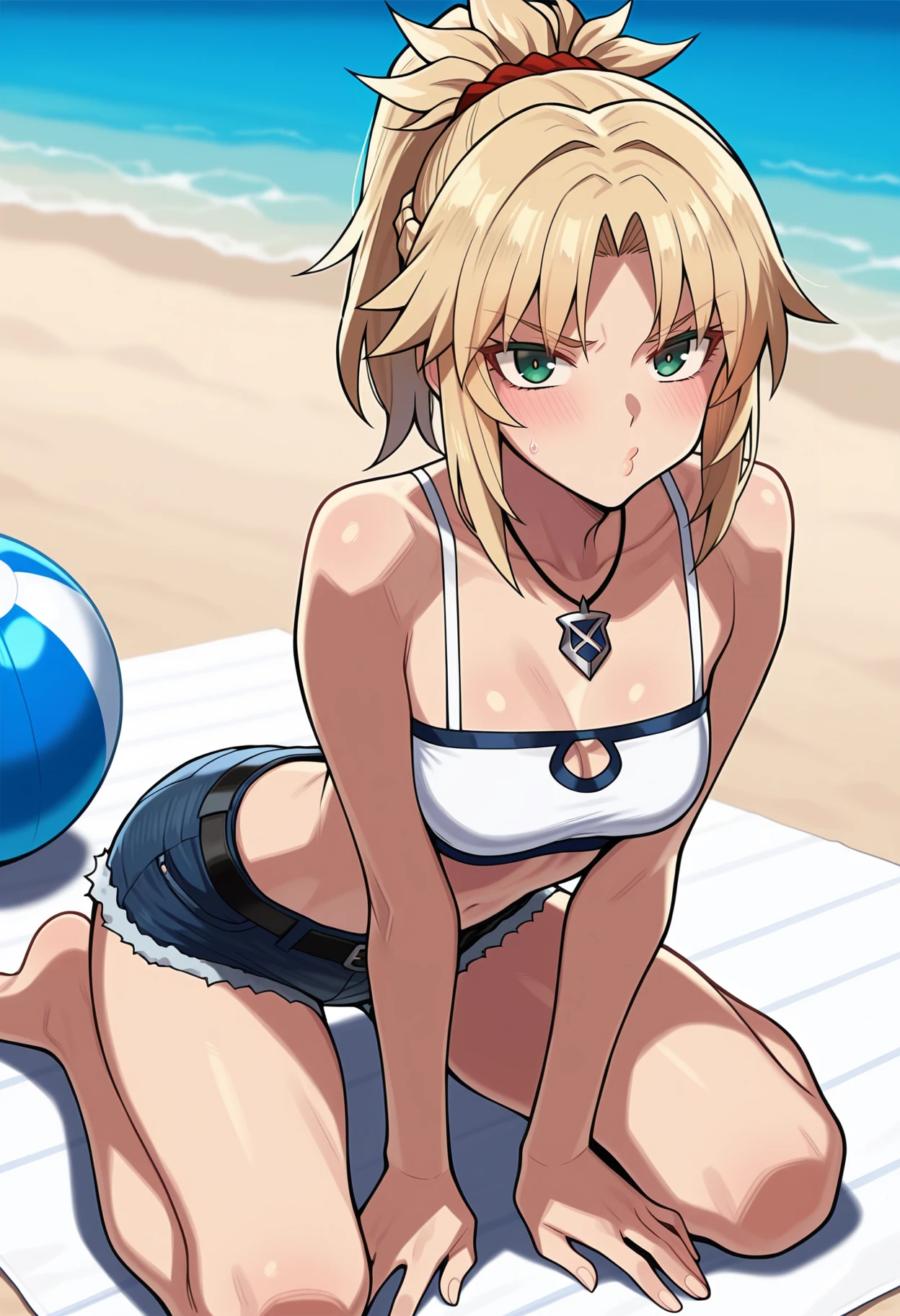 (masterpiece:1.2, Highest quality), 1 Female, alone, School Swimsuit, coastal, Day, blonde, Twin tails, Red eyes, , Dark Skin,