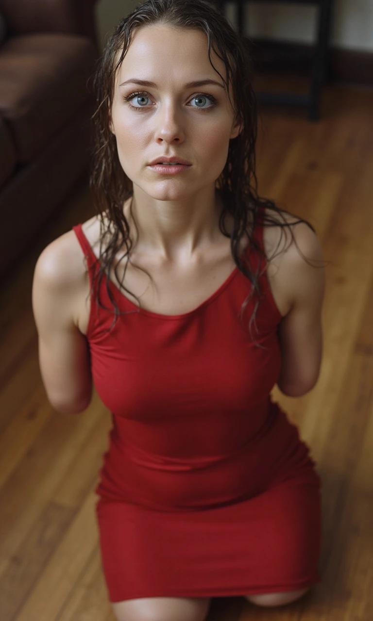 A 35mm photo captures a stunning pale quad amputee mom looking at the viewer. She is wearing a red dress. She has wet hair. She is looking expectantly at the viewer. She is on the floor looking up.