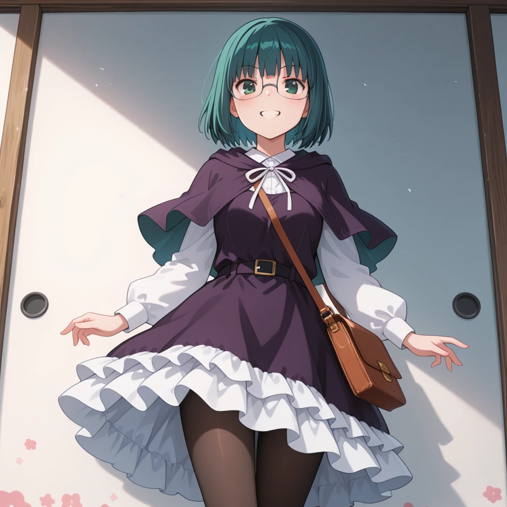 <lora:Joshiraku Illustriousv0:1> joshiraku, kuurubiyuutei gankyou, grin, pantyhose, frilled dress, bag, capelet, , masterpiece, best quality, very aesthetic