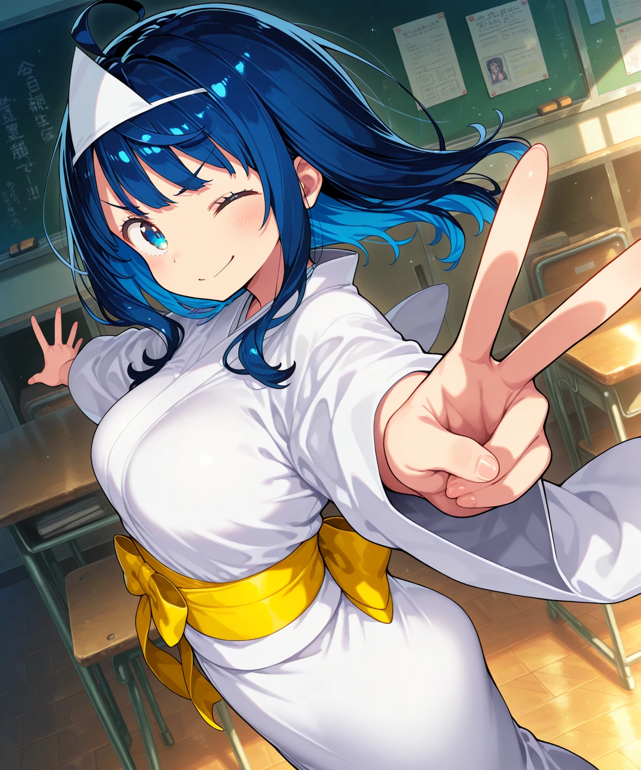 1girl, yanami anna, make heroine ga oo sugiru!, ahoge, blue eyes, blue hair, shiroshouzoku,white kimono,triangular headpiece,, single v, wink,closed mouth,
cowboy shot,from side,looking at viewer,outstretched arms,serious,v-shaped eyebrows,
dynamic angle,from above,classroom,dark theme,dim lighting,
,masterpiece,best quality,amazing quality, close-up,