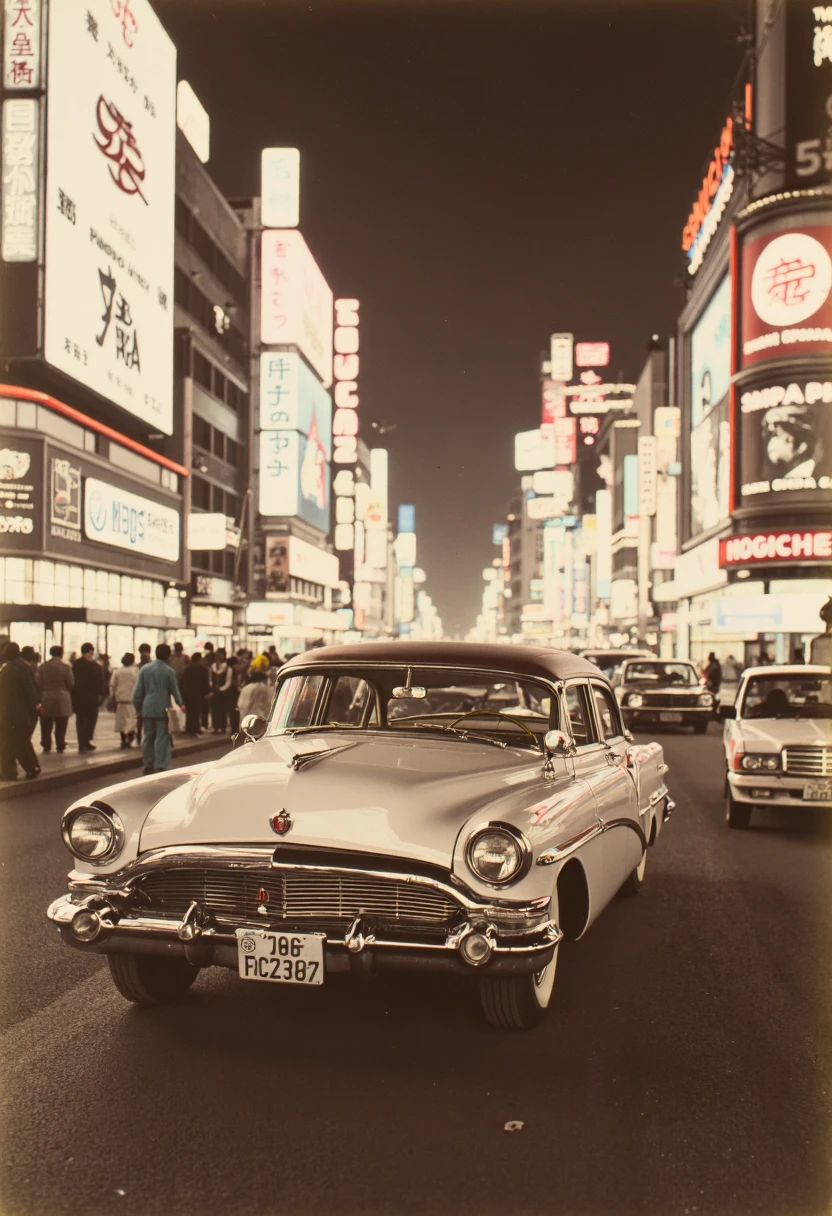 OldJapan style photo: An old Buick Roadmaster from the 1950s cruises through Tokyo's neon-lit Shibuya district, its chrome and metal surfaces hand-tinted in soft, sepia tones, blending the vintage vehicle harmoniously with the ultramodern skyscrapers and bustling crowds. Medium: bw photo colored by hand.