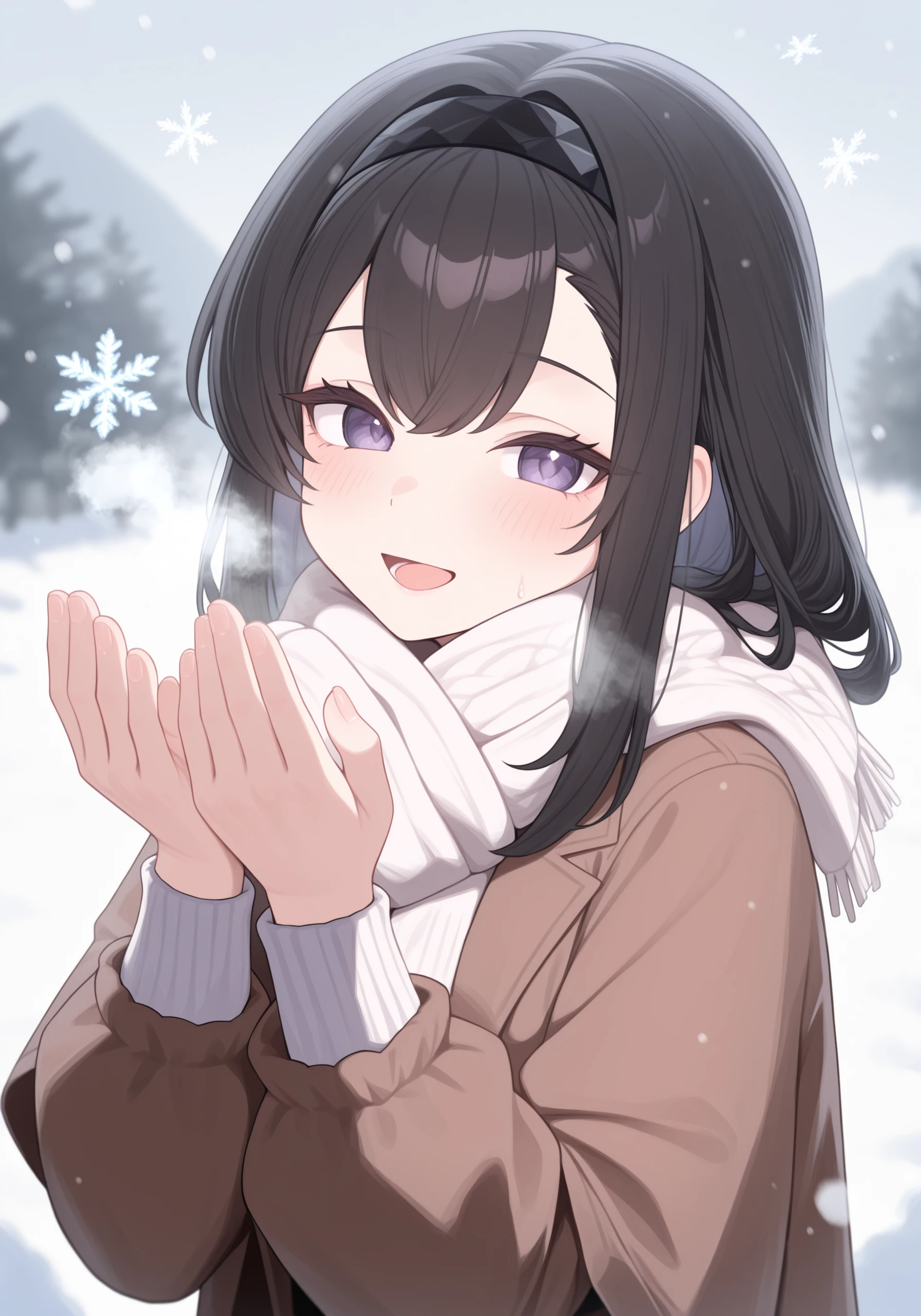 1girl, <lora:prts_sn59:1>, prts, black hair, black hairband, brown winter jacket, snow, cold hands, steam, snowing, depth of field, open mouth, looking at viewer, smile, upper body, snowflakes,
high resolution, ultra-detailed, absurdres, masterpiece, best quality, good quality, newest