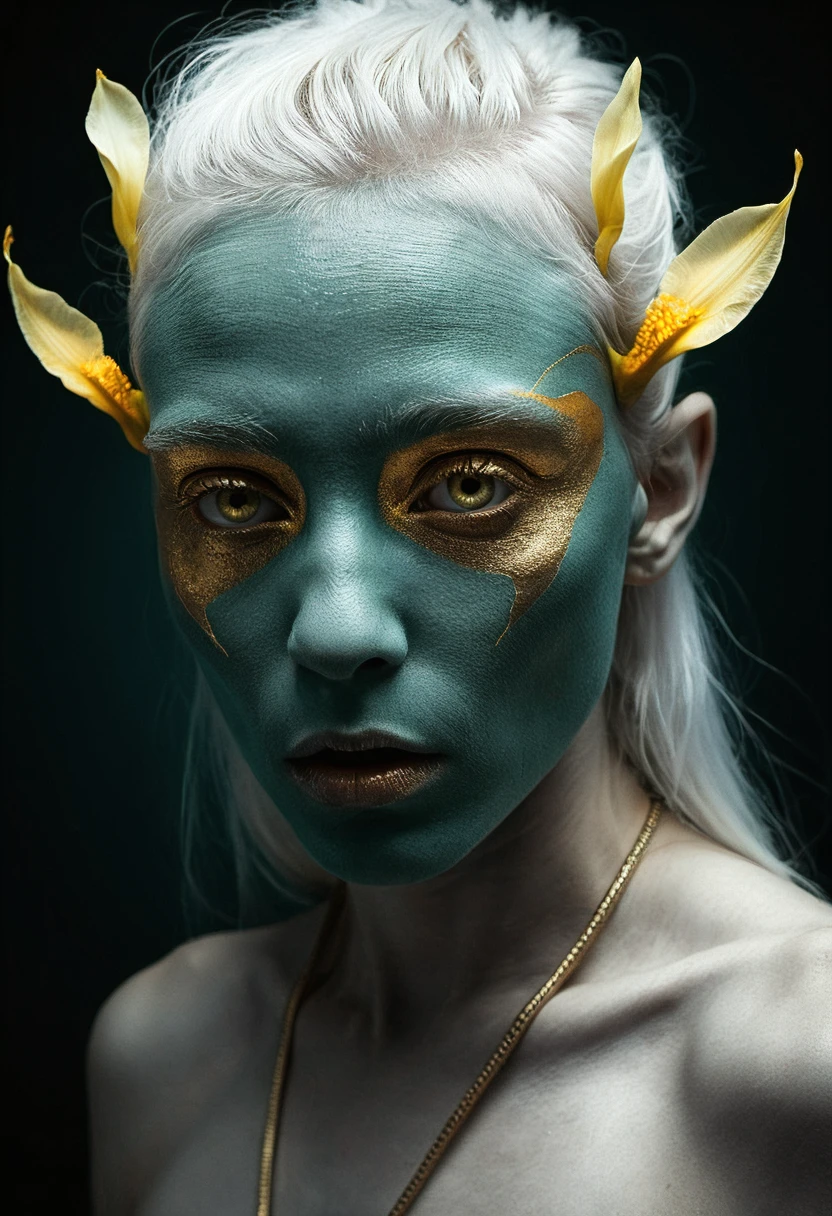 professional photography by Olivier Valsecchi, closeup portrait a half-alien and half-human woman with teal-coloured skin and with golden freckles and with alien eyes with (glowing golden iris:1.4), white hair, In the depths of this nocturnal tableau lies the promise of epic tales yet untold, where the spirit of the Indianer melds seamlessly with the diesel-powered pulse of a world in flux.