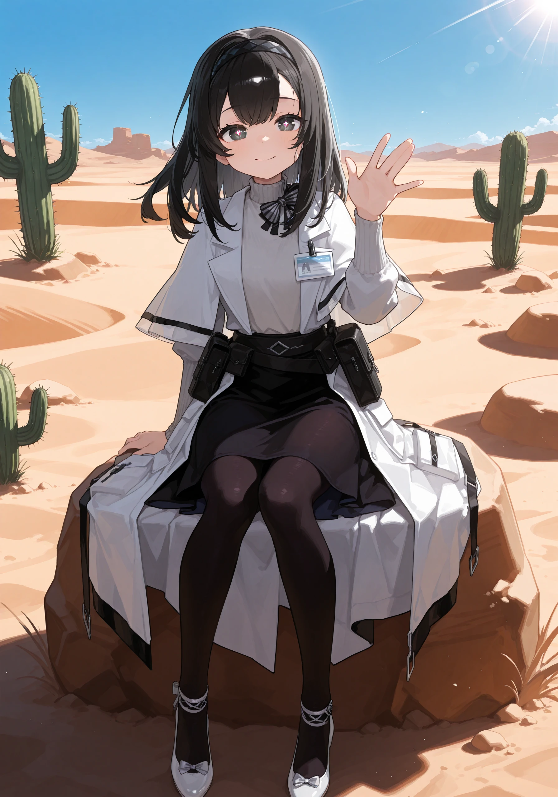 1girl, <lora:prts_sn59:1>, prts, black hair, black hairband, diamond pupils, white coat, capelet, striped bowtie, white turtleneck sweater, id card, black skirt, black pantyhose, white heels, black pouch, waving, smile, sitting on rock,
, desert, sand, cactus, blue sky, bright sunlight,
looking at viewer, anime screencap, anime coloring, vast background, full body view,
high resolution, ultra-detailed, absurdres, masterpiece, best quality, good quality, newest