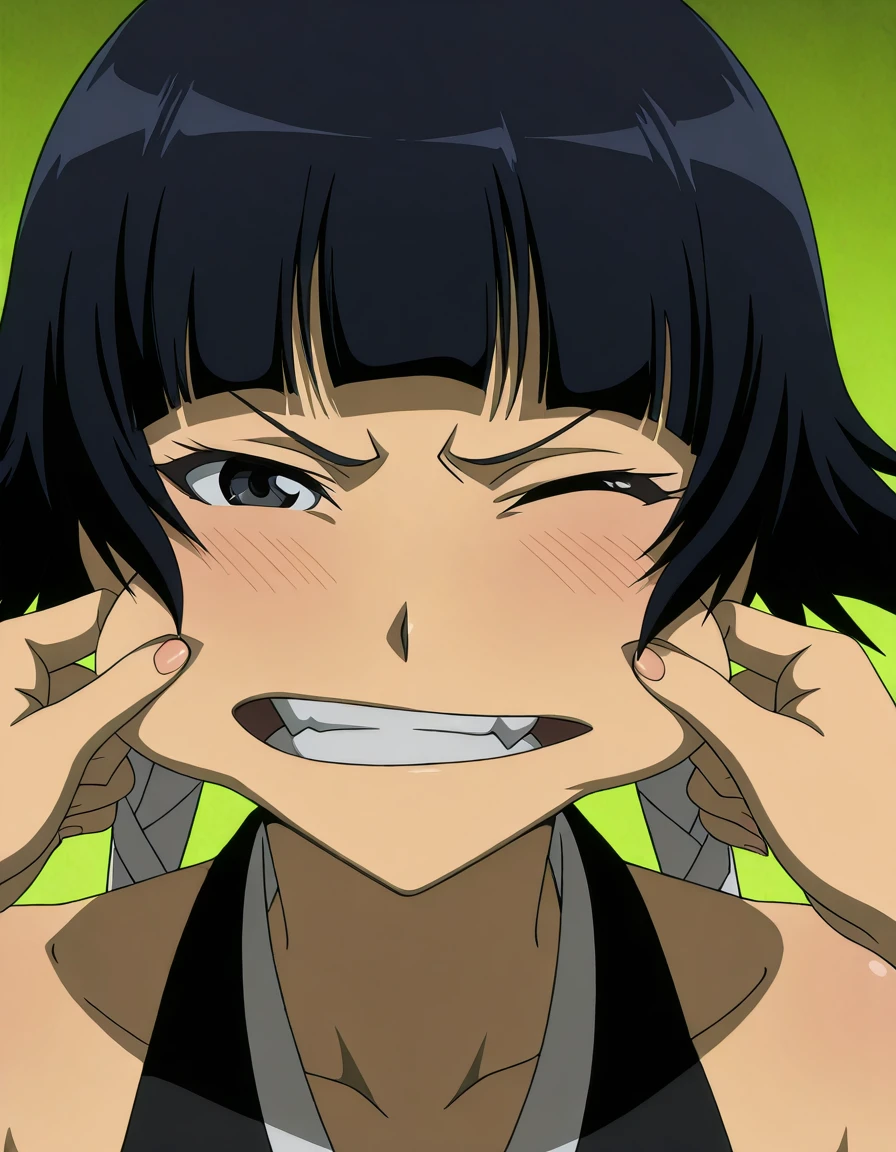 anime screencap, forest,path, 1girl, solo, crossed arms, short hair, black hair, purple eyes, japanese clothes, sword, weapon, smile, simple background, looking at viewer, black kimono, hair between eyes, kimono, wide sleeve, (close-up), blush, open mouth, big mouth, tongue, tongue out, close up, saliva, uvula, uvula, mouth focus, excessive saliva, hair one eye covered, room, indoors, angry, large tongue, long tongue, huge mouth, brown eye, happy, crazy smile, long tongue, large tongue,
