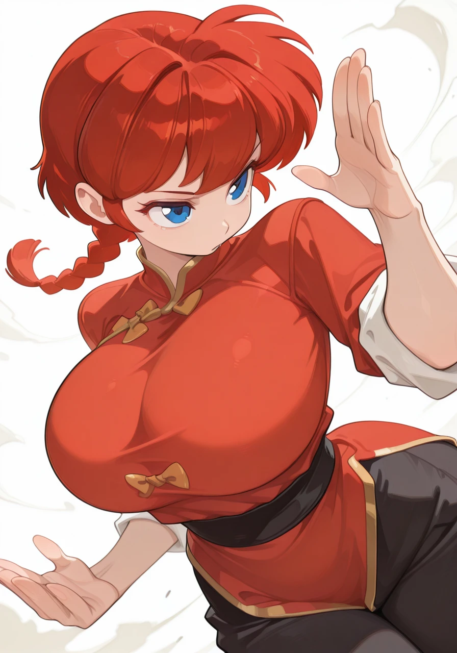 1girl, solo, white_background, dynamic pose, action pose, warrior stance, huge breasts, (curvy), ranma-chan, blue eyes, red hair, single braided hair, chinese clothes, tangzhuan, red shirt, (sleeves rolled up:1.3), black pants, BREAK character_concept, cowboy_shot, (dutch_angle:1.25), <lora:Coquette_IL_Style-000009:1> C0qu3tt3, <lora:illustrious_quality_modifiers_masterpieces_v1:1> masterpiece, very aesthetic, absurdres