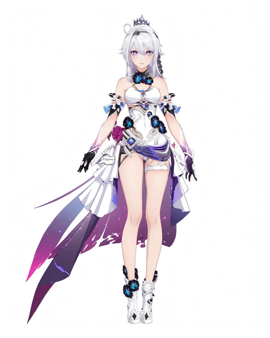 8k,best quality,masterpiece,(ultra-detailed),(high detailed skin),(by nanoless, by misumi \(macaroni\),:0.5),
A full-body portrait of a young girl,standing gracefully,pastel art style,high-key lighting,shoujo manga influence,hd quality,delicate details,
full body,full shot,standing,looking at viewer,(solo:1.2),simple background,white background,
<lora:zhongyannew-sd-Tanger-000018:0.8>,kiana zhongyan,1st clothes,clothes: zhongyan white High-Low Dress,purple cross-shaped pupils,1girl,black gloves,purple eyes,white hair,tiara - style ponytail band,