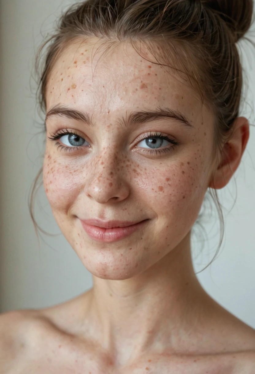 masterpiece, best quality, amazing quality, ultra realistic, soft lighting, freckles, messy bun, neutral makeup, beautiful face, detailed skin texture, slight smile, shallow depth of field, natural background