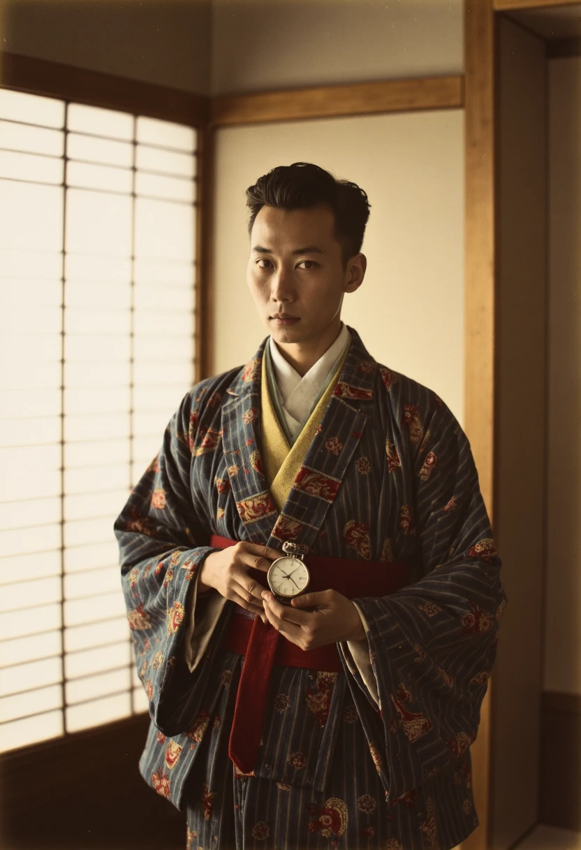 OldJapan style photo of a finely dressed man in a kimono, holding an expensive silver watch under soft lamplight, standing against a backdrop of intricately patterned shoji screens. Hand-tinted black and white photo taken with a Hasselblad camera using 120 film, f/2.8 aperture.