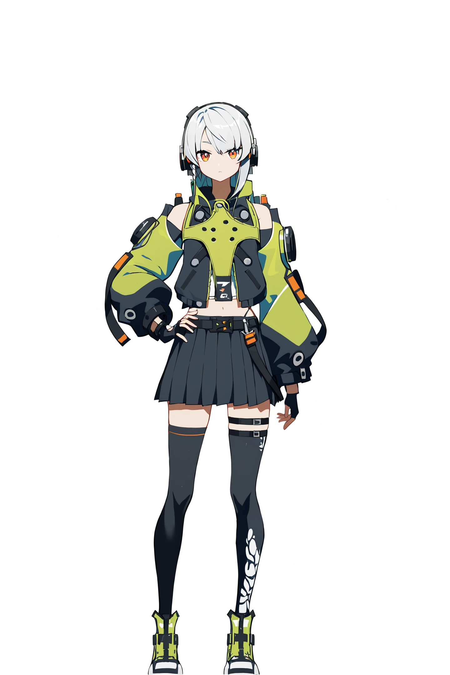 score_9,score_8_up,score_7_up,score_anime,8k,best quality,masterpiece,(ultra-detailed),(high detailed skin),(by nanoless, by misumi \(macaroni\),:0.5),<lora:YLI 0.1v:0.25>,<lora:style1:0.25>,
A full-body portrait of a young girl,standing gracefully,pastel art style,high-key lighting,shoujo manga influence,hd quality,delicate details,
full body,full shot,standing,looking at viewer,(solo:1.2),simple background,white background,hand on own hip,
<lora:anbinew-pony-Tanger-000019:0.8>, anby demara, clothes: def green jacket with black pleated skirt, def clothes, 1girl, black fingerless gloves, black thighhighs, orange eyes, silver hair,headphones,