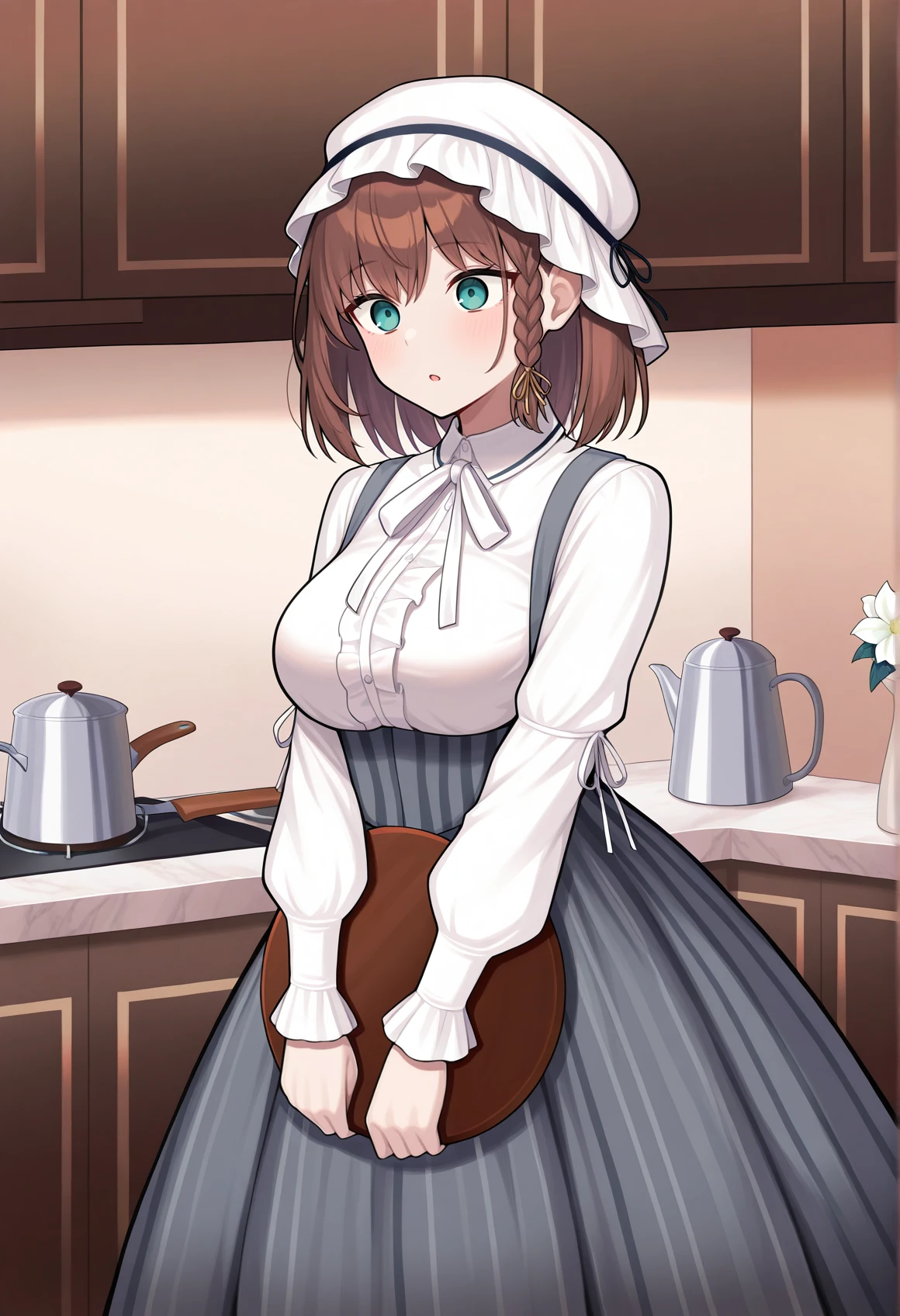 short hair, solo, brown hair, braid sidelock, green eyes, bonnet, white shirt, long sleeves, ribbon, white flower, grey skirt, corset, suspenders, Vertical-Striped Clothes, white ribbon, indoors, kitchen, holding tray <lora:charlotte_illus:1>, masterpiece, best quality, amazing quality, very aesthetic, absurdres, highres, newest