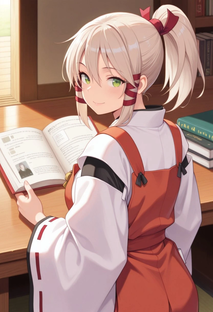 masterpiece,best quality,amazing quality, uka, light beige hair, green eyes, ponytail, long hair, 1girl, hair ribbon, ribbon, tress ribbon, book, solo, japanese clothes, looking back, miko, smile, looking at viewer