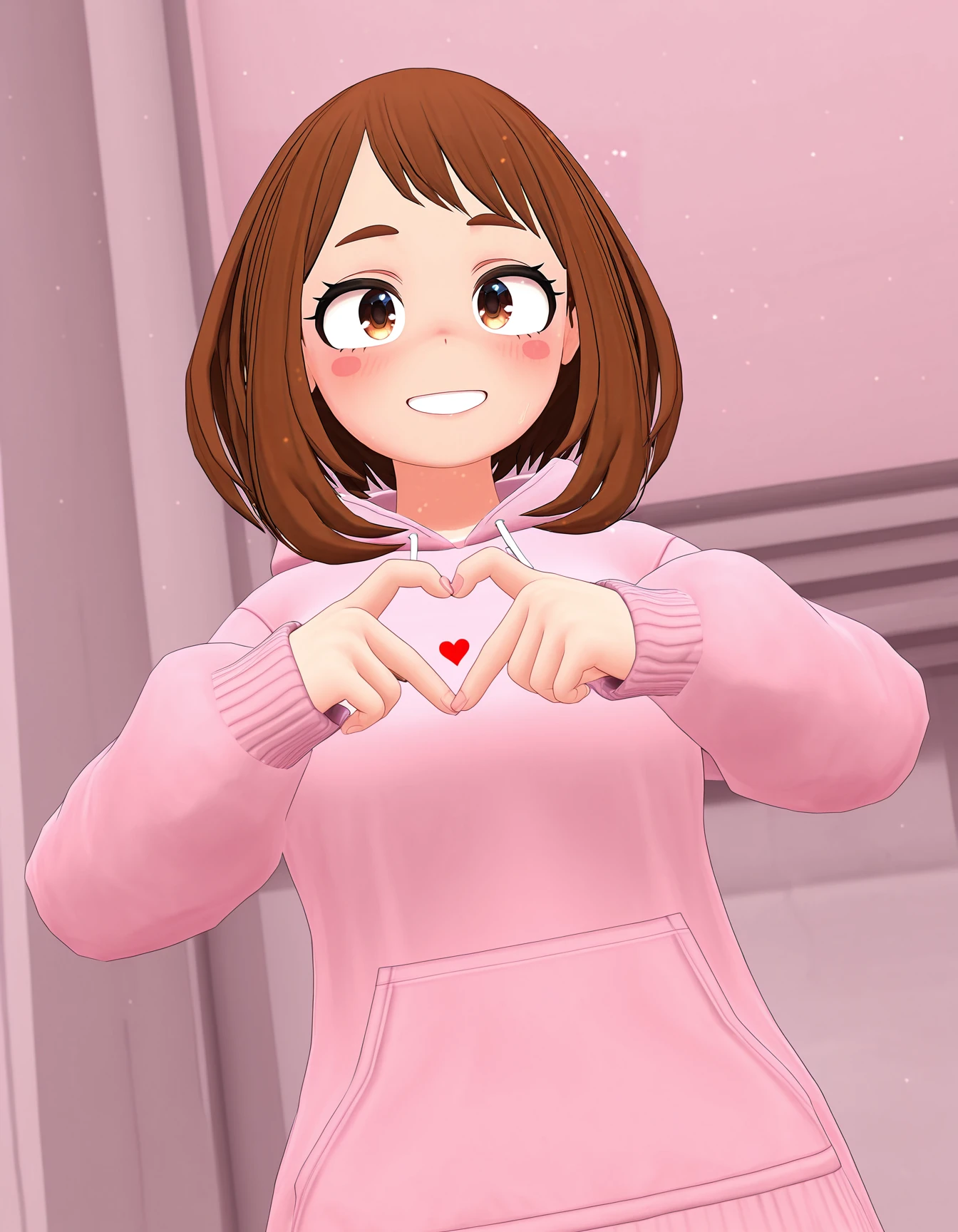 masterpiece, best quality, amazing quality, very aesthetic, absurdres, newest, detail, dynamic angle, dynamic pose, vrchat, VRChatStyle, 3D, outline, perfect hands, BREAK,
detailed background, ultra detailed background, particles, light particles, scenery, hires, foreshortening, depth of field,
1girl, uraraka ochako, brown hair, smile, solo, heart, hood, looking at viewer, brown eyes, hoodie, blush, pink hoodie, upper body, pink background, grin, short hair, bangs, shirt, medium hair, pink eyes, close-up, heart hands,, 
BREAK, detailed background, detailed hair, depth of field, photorealistic details, masterpiece, best quality, amazing quality, very aesthetic, high resolution, ultra-detailed, absurdres, newest, scenery, volumetric lighting
 <lora:VRChat_Illustrious_Merge:1>