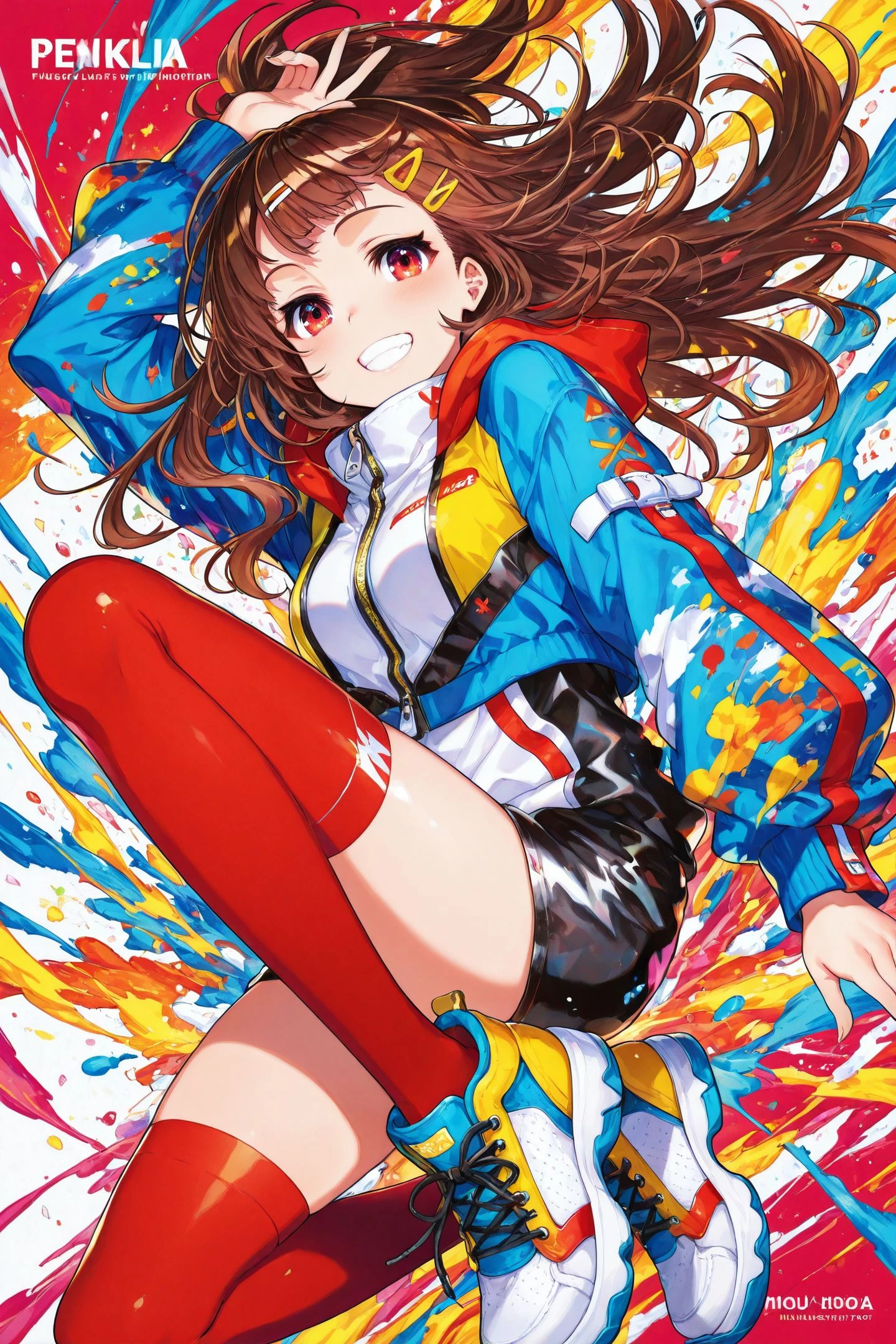 1girl,solo,long hair,thighhighs,smile,zipper,hair ornament,looking at viewer,red eyes,hairclip,zipper pull tab,grin,brown hair,long sleeves,colorful,shoes,hood,jacket,album cover,red thighhighs,
<lora:Mika Pikazo_illustriousXL:1>,