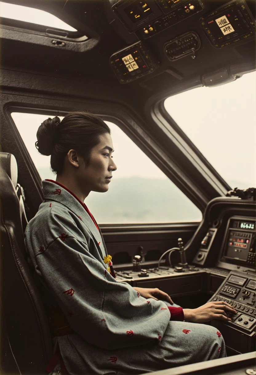 OldJapan style photo: A lone pilot in traditional kimono oversees a modern scifi spaceship interior, their posture exuding discipline and calm. Dimly lit controls and screens adorned with anachronistic kanji surround the pilot, blending futuristic technology with historic aesthetic. The setting emanates an eerie ambiance, with soft glows highlighting the craftsmanship of the cockpit. Bw photo colored by hand, shot with a Hasselblad XPan, ISO 100, f/4, to capture the intricate details and juxtaposition of time.