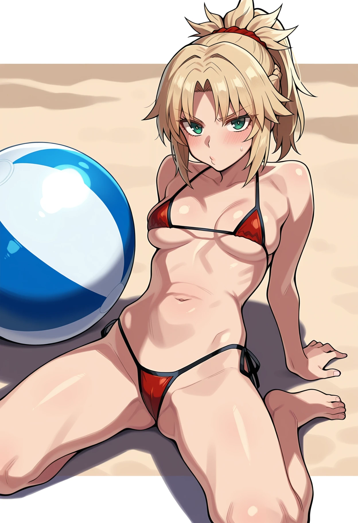 <lora:nt00_v7ill:1>,masterpiece,best quality,amazing quality,BREAK
solo,mordred,tsundere,pout,puckered lips,micro bikini,barefoot,pinup girl,leaning back on beach ball