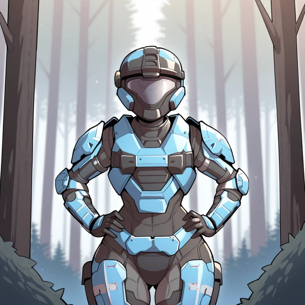masterpiece, best quality, kat-b320, 1girl, solo, helmet, blue armor, <lora:Kat-b320_HaloReach_illustrious_Leaf1_r1:1>, cowboy shot, looking at viewer, outdoors, front view, forest, hands on own hips,