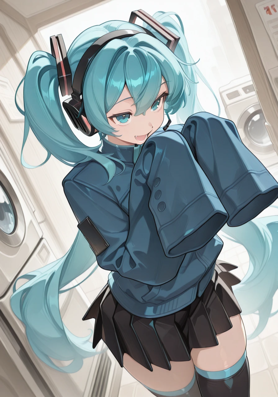 a woman in a blue outfit standing next to a washing machine, 1girl, aqua hair, bangs, black legwear, black skirt, blue hair, blue jacket, hair between eyes, hatsune miku, headphones, headset, jacket, long hair, looking at viewer, miniskirt, open mouth, pleated skirt, skirt, sleeves past fingers, sleeves past wrists, smile, solo, thighhighs, twintails, very long hair, zettai ryouiki, BREAK character_concept, cowboy_shot, (dutch_angle:1.25), <lora:Coquette_IL_Style-000009:1> C0qu3tt3, <lora:illustrious_quality_modifiers_masterpieces_v1:1> masterpiece, very aesthetic, absurdres