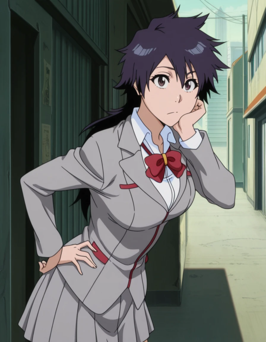masterpiece, best quality, amazing quality,, <lora:tatsuki-arisawa-anime-illustriousxl-lora-nochekaiser:1>, tatsuki arisawa, arisawa tatsuki, short hair, black hair, long hair, brown eyes, mature female, medium breasts, anime screencap, skirt, bow, school uniform, jacket, blazer, red bow, long sleeves, grey blazer, grey skirt,, head rest, alley, narrow, urban, dark, buildings, cowboy shot, solo, looking at viewer