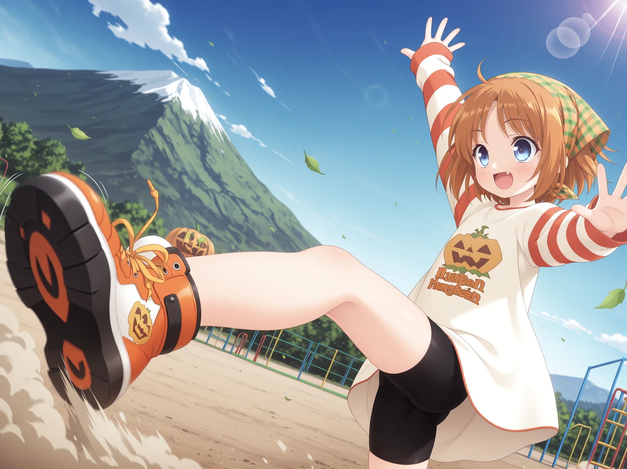 absurdres,highres,masterpiece,best quality,amazing quality,official anime artwork,outdoors,
anime screencap,(GH_HS17 \(style\):0.6),
child,aged down,
1girl,solo,
(foreshortening,Volumetric Lighting,lens flare abuse,Cinematic Lighting),
dutch angle,from side,clear sky,blue sky,
playground,mountain,
cowboy shot,dynamic pose,motion lines,motion blur,
happy,:d,fang,high kick,spread arms,spread fingers,flying leaves,dust_cloud,
BREAK <lora:Yamato_Suzuran_illuV01_illuV01_b3g2plw04c1wd05_d32a32_lr800s2_rvs:1>,YmtSzr_Suigetsu,
orange brown hair,short hair,parted bangs,head scarf,checkered scarf,blue eyes,white shirt,pumpkin print shirt,long sleeves,striped sleeves,sleeves past wrists,black bike shorts,no socks,orange sneakers,