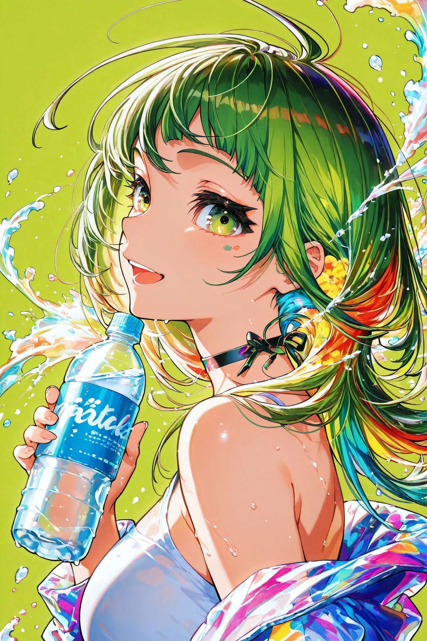 1girl,solo,smile,bottle,green eyes,holding,green hair,looking at viewer,long hair,holding bottle,jacket,multicolored hair,upper body,see-through,green background,bare shoulders,water bottle,water,from side,choker,colorful,open mouth,
<lora:Mika Pikazo_illustriousXL:1.5>,