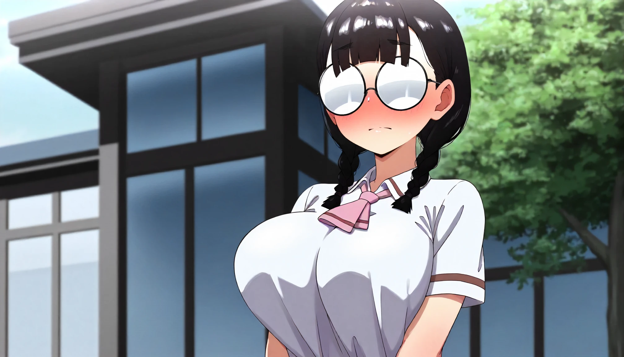 <lora:SSO_mizushima_reikoXLIllustrious001>,
masterpiece,best quality,good quality,newest,
outdoors,day,
blush,
looking at viewer,
solo,
anime coloring,
mizushima_reiko\(softshikioni\),1girl,black hair,twin braids,(opaque_glasses:1.1),round_eyewear,
large breasts,
white shirt,collared_shirt,pink neckerchief,short_sleeves,