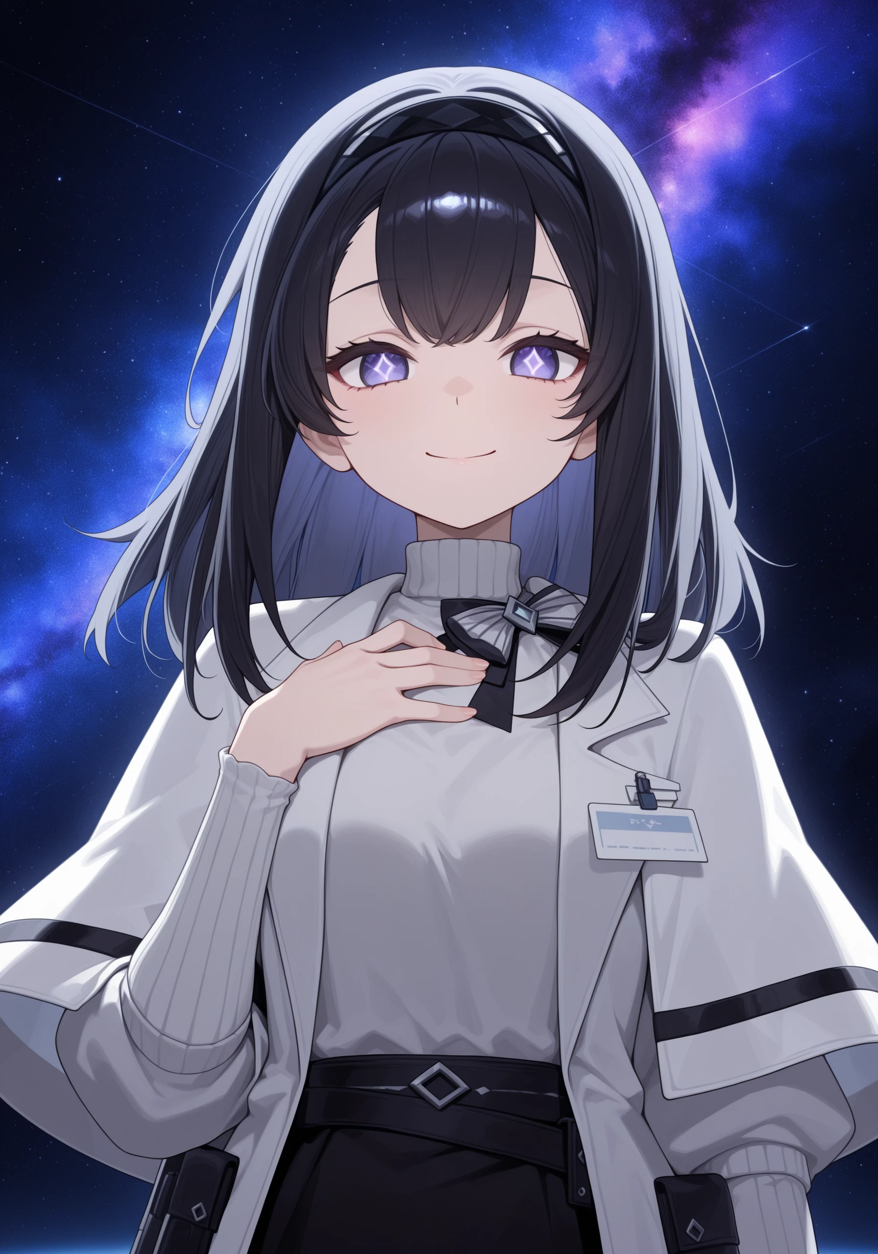 1girl, <lora:prts_sn59:1>, prts, black hair, black hairband, diamond pupils, white coat, capelet, striped bowtie, white turtleneck sweater, id card, closed mouth, black skirt,
creepy long smile, straight shot, anime screencap, anime coloring, hand to chest, close up, straight shot,
space background, nebula in background, looking at viewer,
high resolution, ultra-detailed, absurdres, masterpiece, best quality, good quality, newest