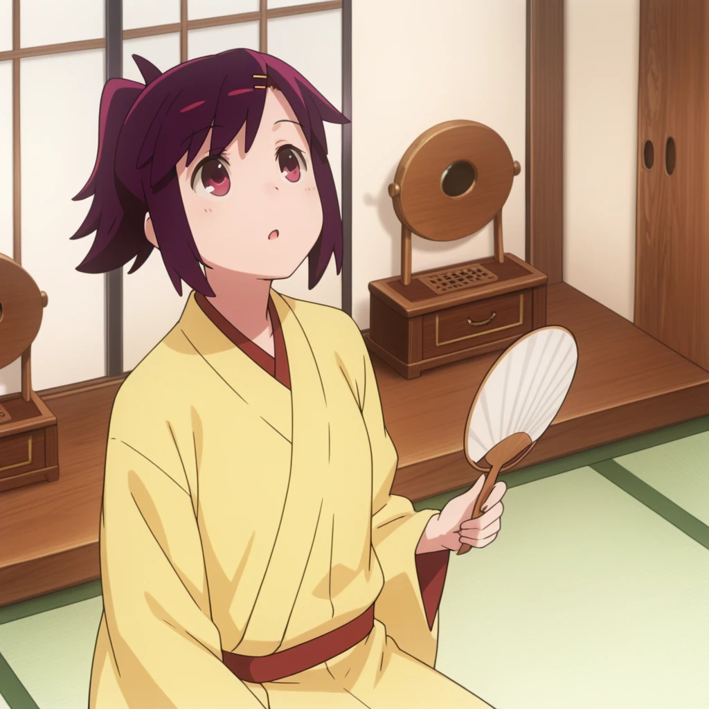<lora:Joshiraku Illustriousv0:1> joshiraku, bouhatei tetora, yellow kimono, holding fan, back stage, looking up, , masterpiece, best quality, very aesthetic