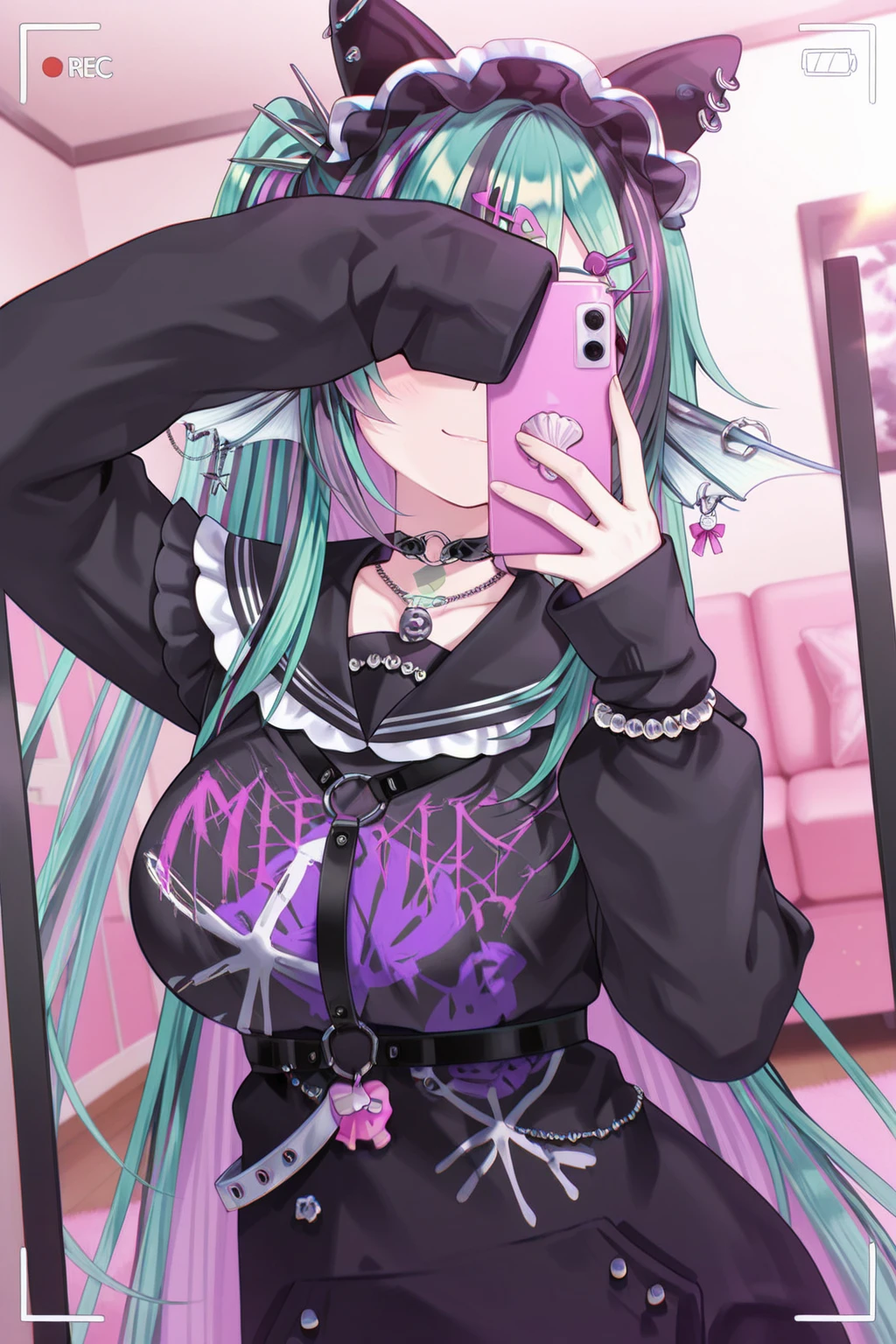 1girl, FinanaRyuguNijisanji,
general, solo, dutch angle, upper body,
jirai kei,
hair bow, shell hair ornament, piercing,
hairband,
fish hair ornament, heart o-ring,
hairclip, x hair ornament,
earrings,
tattoo, o-ring choker, necklace,
black sailor collar,
long sleeves, sleeves past fingers, bracelet,
black dress, , harness, black belt, seashell,
jewelry,
selfie, smile, holding, smartphone, hand up, covering eyes,
indoors, living room, viewfinder,
<lora:kp_FinanaRyuguNijisanji4thCostumeIllustrious_v1_0:1.0>,
masterpiece, best quality, amazing quality