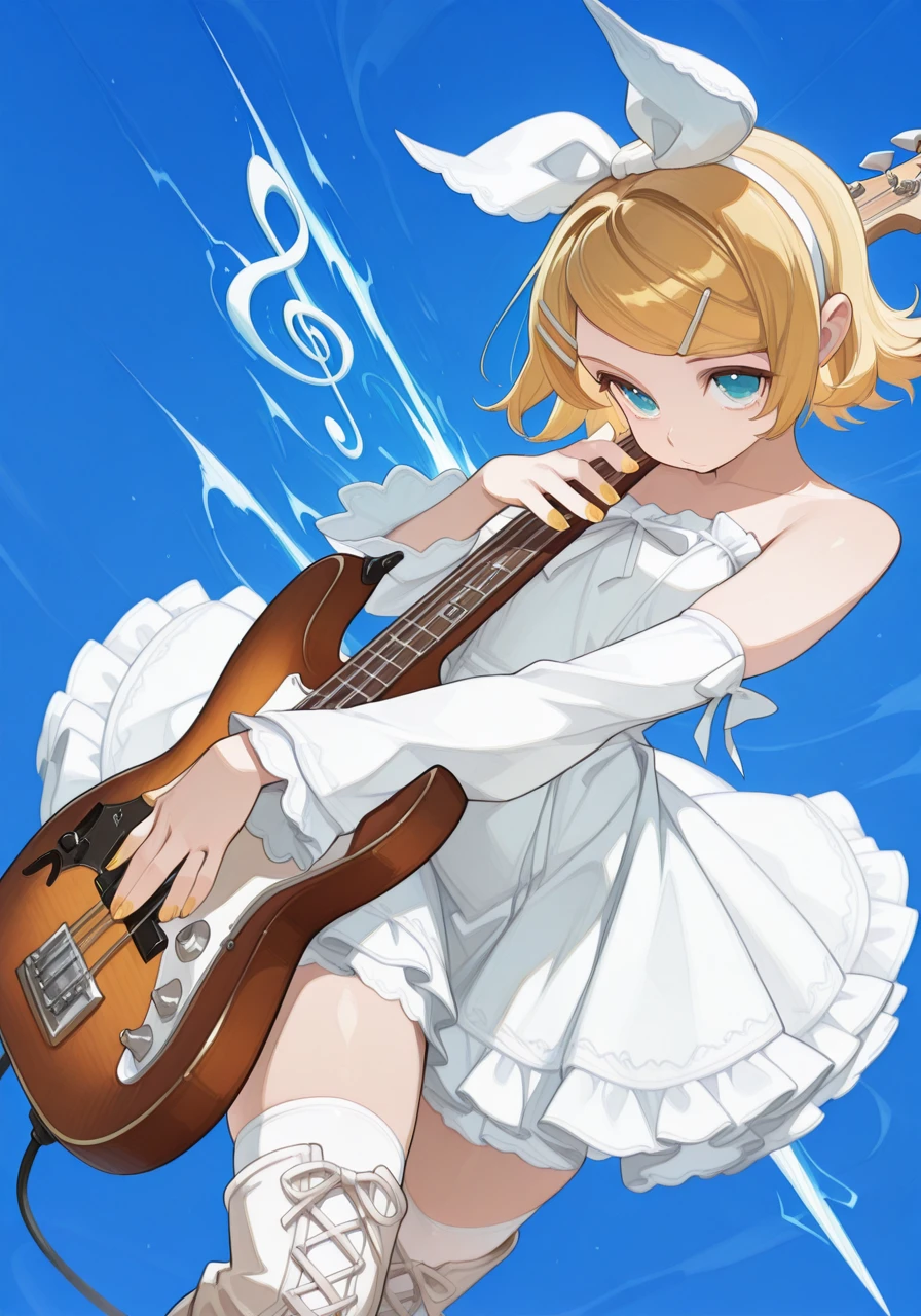 a woman with blonde hair holding a guitar in her hand and a sword in her hand, in a blue background, 1girl, aqua eyes, bangs, bass guitar, blonde hair, blue eyes, boots, bow, cross-laced footwear, detached sleeves, dress, electric guitar, frilled dress, frills, full body, guitar, hair bow, hair ornament, hair ribbon, hairclip, holding, holding instrument, instrument, kagamine rin, knee boots, lace-up boots, looking at viewer, nail polish, ribbon, short hair, skirt, solo, swept bangs, thighhighs, treble clef, white bow, white footwear, zettai ryouiki, BREAK character_concept, cowboy_shot, (dutch_angle:1.25), <lora:Coquette_IL_Style-000009:1> C0qu3tt3, <lora:illustrious_quality_modifiers_masterpieces_v1:1> masterpiece, very aesthetic, absurdres