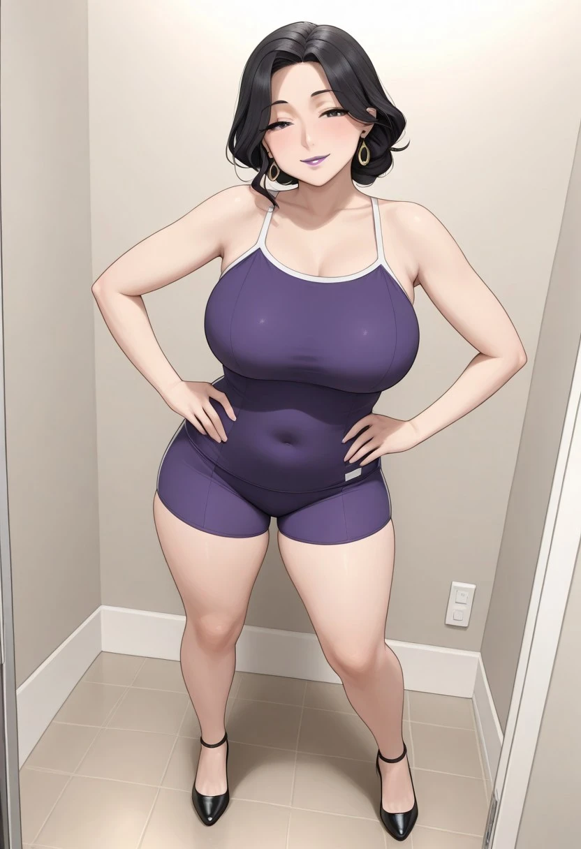 (masterpiece, best quality, semi-realistic: 1.3), Minako, mature woman, (full body photo: 1.05), (pink top: 1.2), tank top, yoga pants, tight clothes, 1girl, milf, curvy, standing, sexy pose, big ass, (blush:1.05), short hair, black hair, purple hair, bare shoulders, lips, cut-out neckline, huge breasts, perfect body, perfect eyes, anime eyes, shadow, perfect face,  (shy:1.1) , house room, sky in window, sharp focus, professional artwork, intricate details, vibrant colors, vivid colors, fuzzy lighting, digital mixing, ultra detailed body, ultra detailed hair, ultra detailed face, trend in pixiv, copy foxicube artist style, large breasts, looking at viewer, beach, curved thighs, huge thighs, curvature, embarrassed smile,  standing, totally blushed, nervous, looking at the viewer, wet body, wet, Half-closed eyes, inside_sauna, wearing towel, 1girl, looking back, showing skin, buttocks, bare thighs, perfect limbs, underwear, full view of buttocks, showing buttocks, in heat, legs open, show , Pose of Doggystyle, show, ((bubble butt)), ((vaginal juices)), ((sweaty ass)), ((massive ass)), ((thick thighs)), ((perfect clothing)), ((perfect face)), ((perfect body)), ((perfect eyes)),