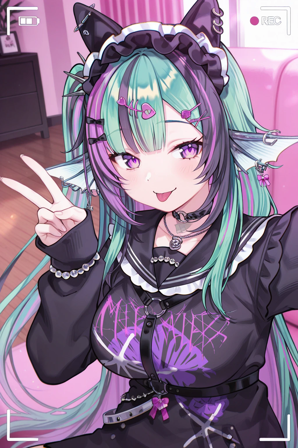 1girl, FinanaRyuguNijisanji,
general, solo, dutch angle, from above, upper body,
purple eyes, ,
jirai kei,
hair bow, shell hair ornament, piercing,
hairband,
fish hair ornament, heart o-ring,
hairclip, x hair ornament,
earrings,
neck tattoo, o-ring choker, necklace,
black sailor collar,
long sleeves, sleeves past wrists, bracelet,
black dress, harness, black belt,
jewelry,
sitting, selfie, looking at object, smile, tongue out, v,
indoors, living room, viewfinder,
<lora:kp_FinanaRyuguNijisanji4thCostumeIllustrious_v1_0:1.0>,
masterpiece, best quality, amazing quality