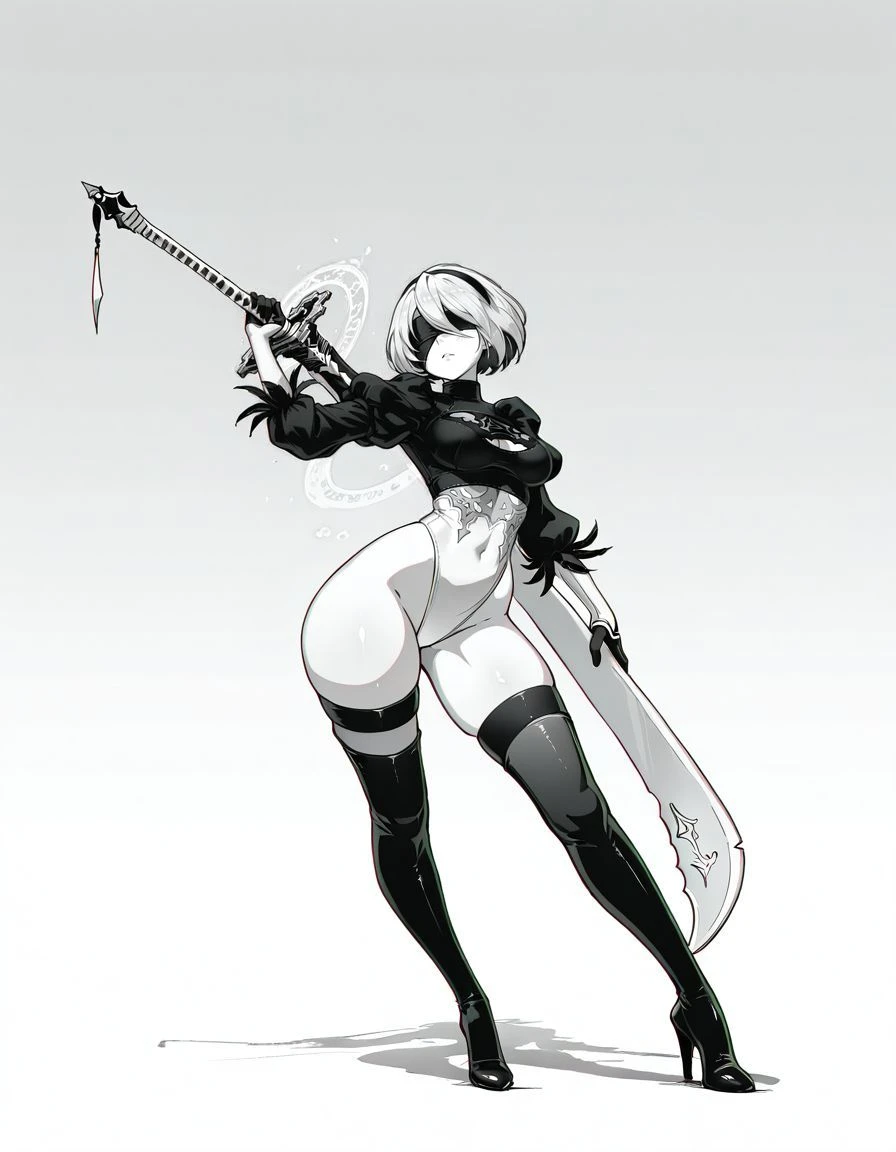 YoRHa No. 2 Type B, mysterious ambiance, expressionless face, dynamic pose, blindfold, solitary presence,Nier: Automata 2B, a fierce fighter with a stunning sword, showcasing her powerful thighs and elegant attire, exuding strength and beauty with a touch of sophistication