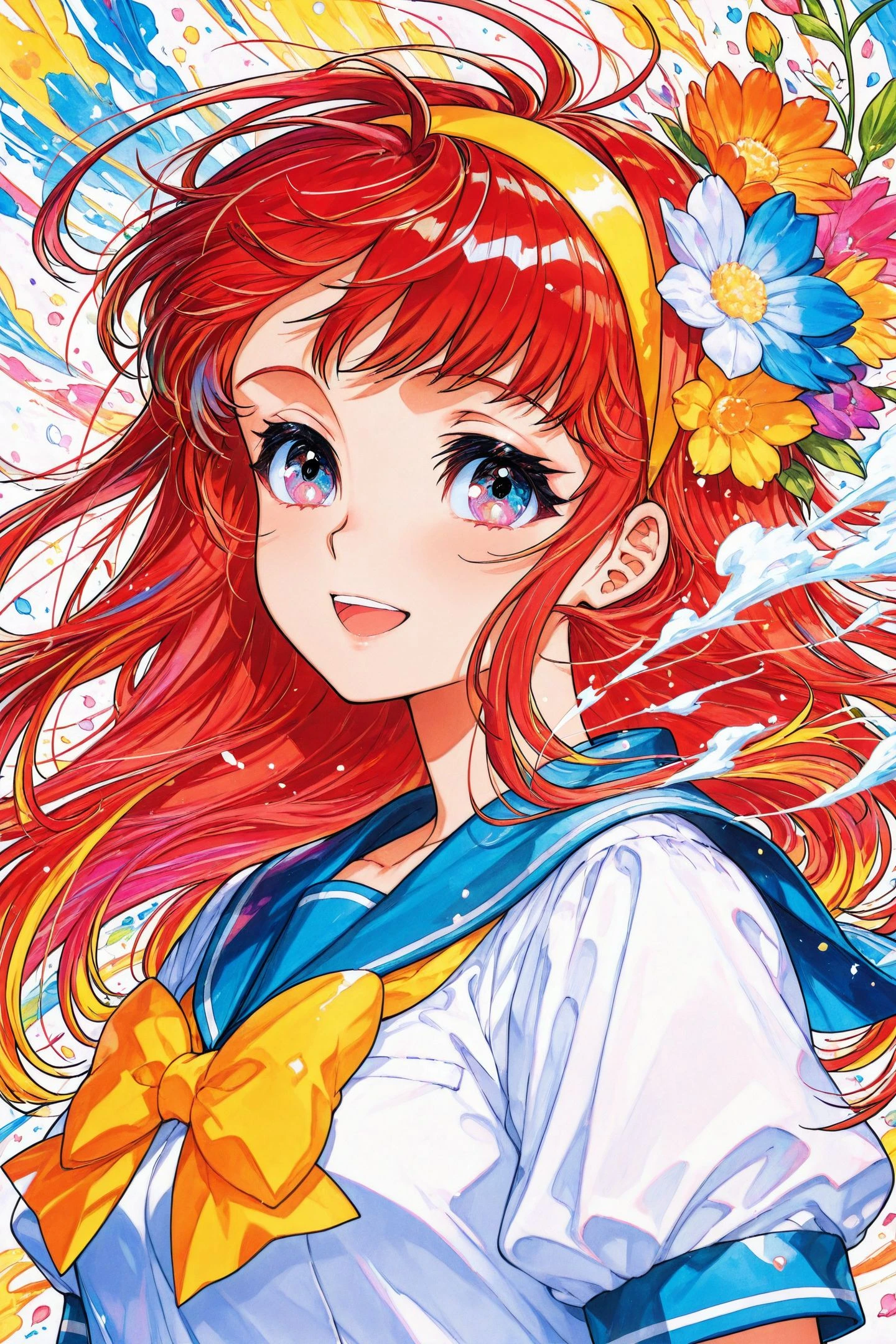 Fujisaki Shiori,1girl,solo,long hair,school uniform,yellow hairband,red hair,multicolored hair,serafuku,bow,sailor collar,yellow bow,blue sailor collar,multicolored eyes,multicolored background,multicolored flower,upper body,smile,open mouth,colorful,wind,retro artstyle,traditional media,
<lora:Tokimeki Memorial_illustriousXL:0.3>,
<lora:Mika Pikazo_illustriousXL:1.5>,