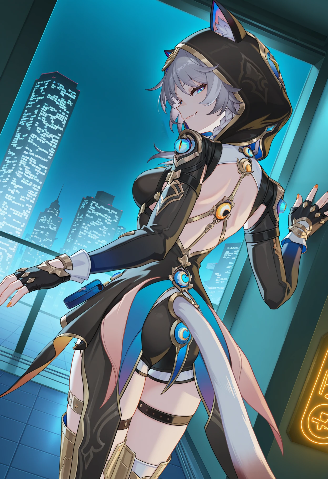 <lora:Cipher_1.0_illustrious-000052:1>,
Cipher \(honkai_star_rail\),solo,fingerless gloves,hood,looking at viewer,single thigh strap,medium breasts,hood up,cat girl,braid,thigh boots,long sleeves,fingerless gloves,black gloves,gold boots,orange nails,cat ears,fang,smirk,naughty_face,running,from_back,from behind,looking_back,night,dark,game cg,roof,neon lights,patio,skyscraper,dutch angle,cinematic_angle,dynamic_angle,cowboy_shot