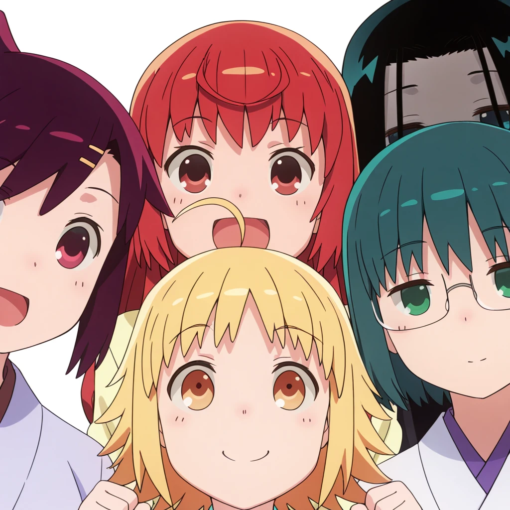 <lora:Joshiraku Illustriousv0:1> joshiraku, (5girls:1.2), buratei_marii, haroukitei_kigurumi, bouhatei_tetora, (anrakutei_kukuru:1.2), kuurubiyuutei_gankyou ,portrait, hands up, happy, , masterpiece, best quality, very aesthetic