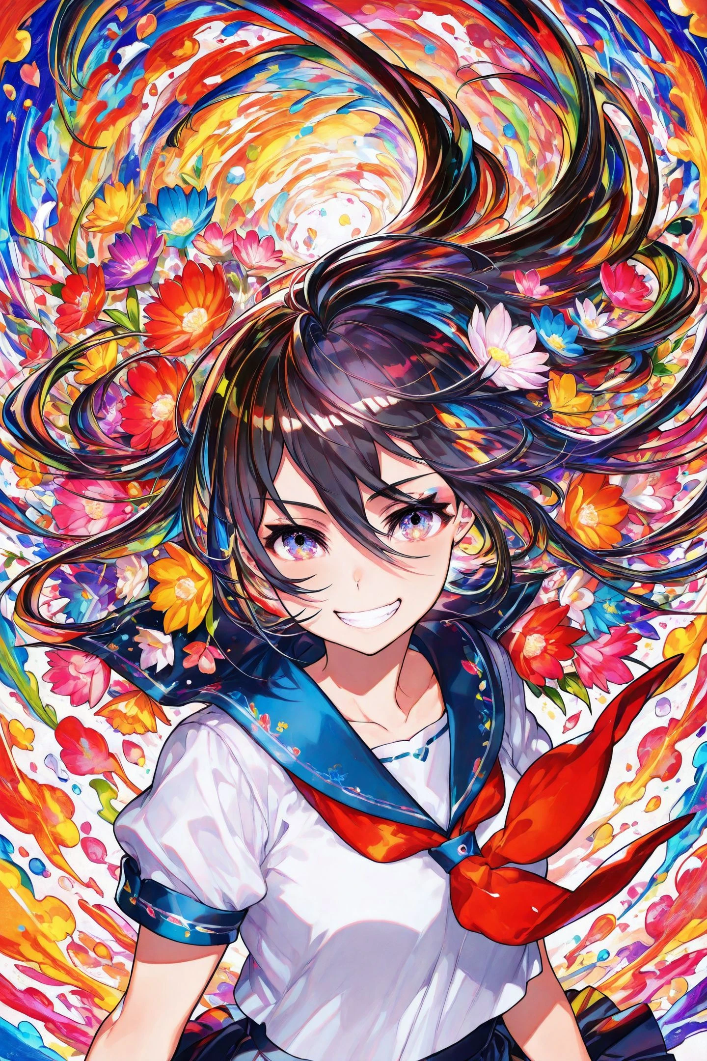 1girl,solo,smile,looking at viewer,hair between eyes,multicolored blossoms,neckerchief,grin,neckerchief,school uniform,black hair,colorful,serafuku,sailor collar,long hair,shirt,flower,short sleeves,multicolored eyes,white shirt,multicolored hair,vortex,
<lora:Mika Pikazo_illustriousXL:1.5>,