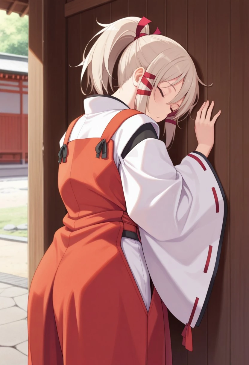 masterpiece,best quality,amazing quality, uka, light beige hair, ponytail, long hair, 1girl, solo, hair ribbon, ribbon, miko, japanese clothes, closed eyes, against wall, sleeping