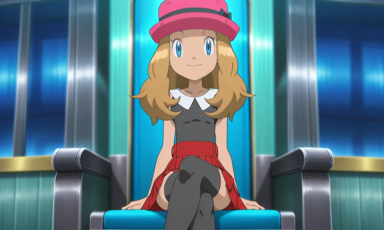 (((best quality))), (((masterpiece))), absurdres, 1girl, official style, anime screencap, serena, honey-blonde hair, long hair, blue eyes, pink hat, white collar, dark shirt, sleeveless shirt, red skirt, pleated skirt, thighhighs, zettai ryouiki, smile, sitting, crossed legs
