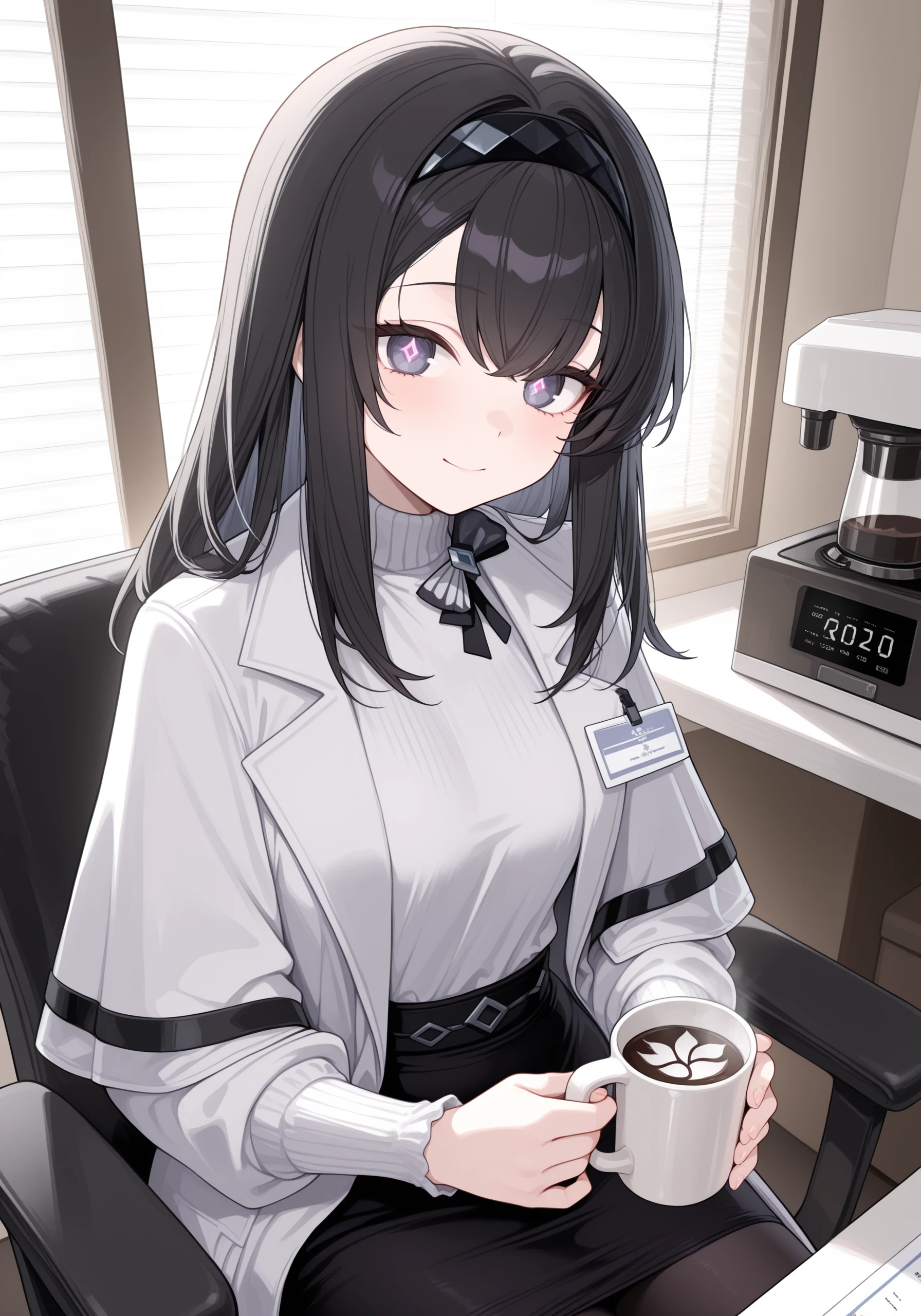 1girl, <lora:prts_sn59:1>, prts, black hair, black hairband, diamond pupils, white coat, striped bowtie, white turtleneck sweater, id card, closed mouth, black skirt, pantyhose,
holding mug of coffee, office background, warm light, sunlight, window, coffee machine,
high resolution, ultra-detailed, absurdres, masterpiece, best quality, good quality, newest