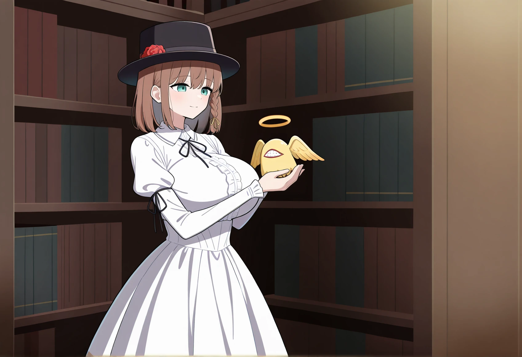 indoors, library, 1girl, holding creature, short hair, brown hair, braid, green eyes, black hat, white shirt, long sleeves, ribbon, red flower, black flower, white skirt, light smile, big breasts
BREAK
ndoors, library, 1girl, holding creature, creature, no humans <lora:charlotte_illus:1>, masterpiece, best quality, amazing quality, very aesthetic, absurdres, highres, newest