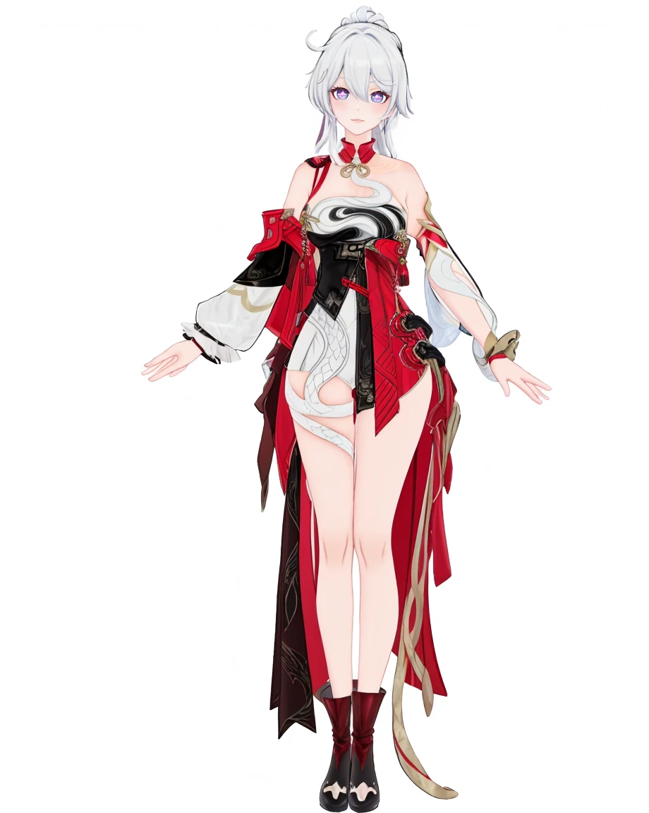 8k,best quality,masterpiece,(ultra-detailed),(high detailed skin),(by nanoless, by misumi \(macaroni\),:0.5),
A full-body portrait of a young girl,standing gracefully,pastel art style,high-key lighting,shoujo manga influence,hd quality,delicate details,
full body,full shot,standing,looking at viewer,(solo:1.2),simple background,white background,
<lora:zhongyannew-sd-Tanger-000018:0.8>,kiana jixing,3rd clothes,clothes: jixing chinese clothes,purple cross-shaped pupils,1girl,single black fingerless glove,purple eyes,white hair,