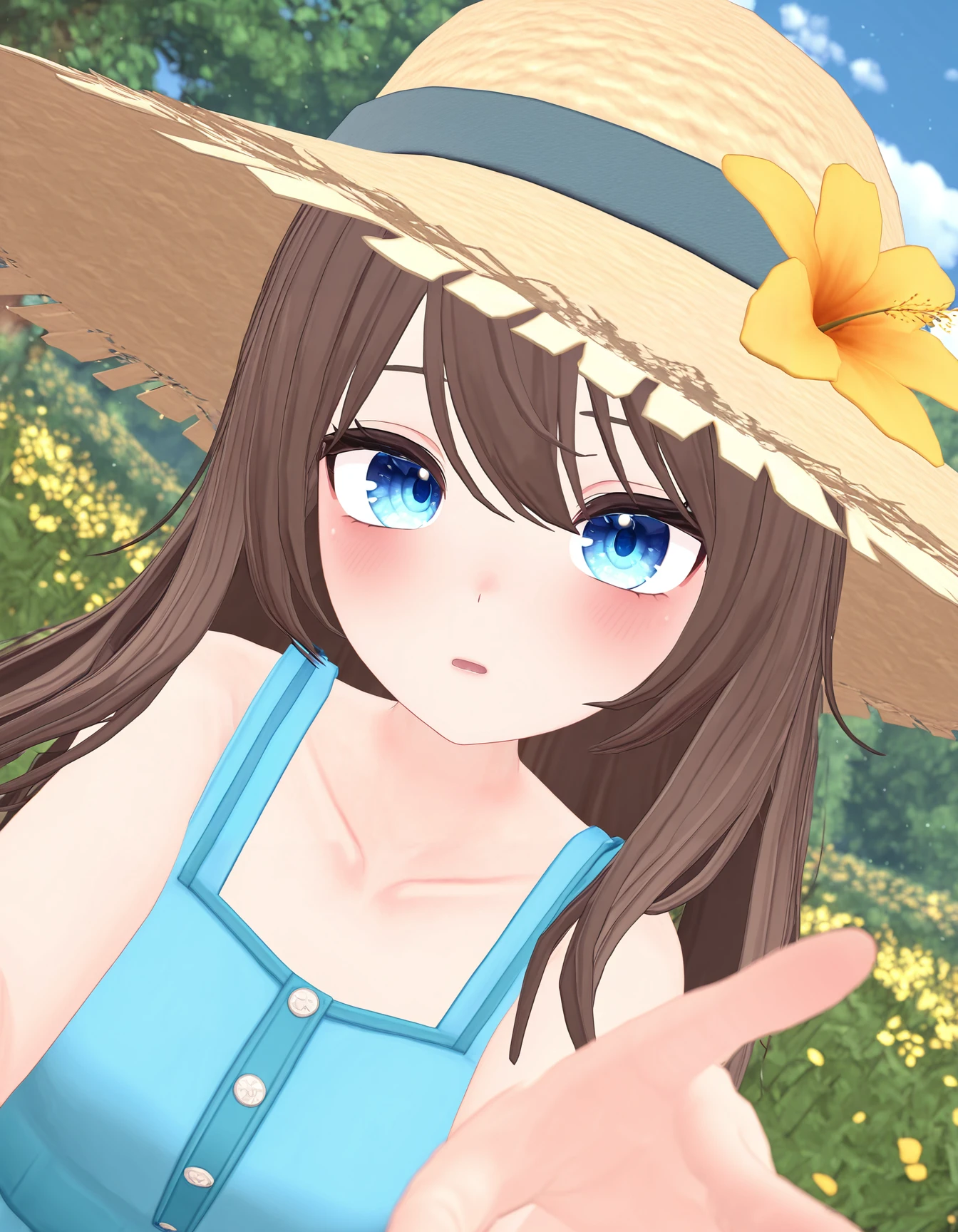 masterpiece, best quality, amazing quality, very aesthetic, absurdres, newest, detail, dynamic angle, dynamic pose, vrchat, VRChatStyle, 3D, outline, perfect hands, BREAK,
detailed background, ultra detailed background, particles, light particles, scenery, hires, foreshortening, depth of field,
1girl, solo, hat, long hair, blue eyes, looking at viewer, flower, parted lips, collarbone, upper body, brown hair, sleeveless, dress, straw hat, bare shoulders, bangs, blush, yellow flower, sleeveless dress, hair between eyes, outdoors, bare arms, hat flower, blue dress, sun hat, leaf, 
BREAK, detailed background, detailed hair, depth of field, photorealistic details, masterpiece, best quality, amazing quality, very aesthetic, high resolution, ultra-detailed, absurdres, newest, scenery, volumetric lighting
 <lora:VRChat_Illustrious_Merge:1>