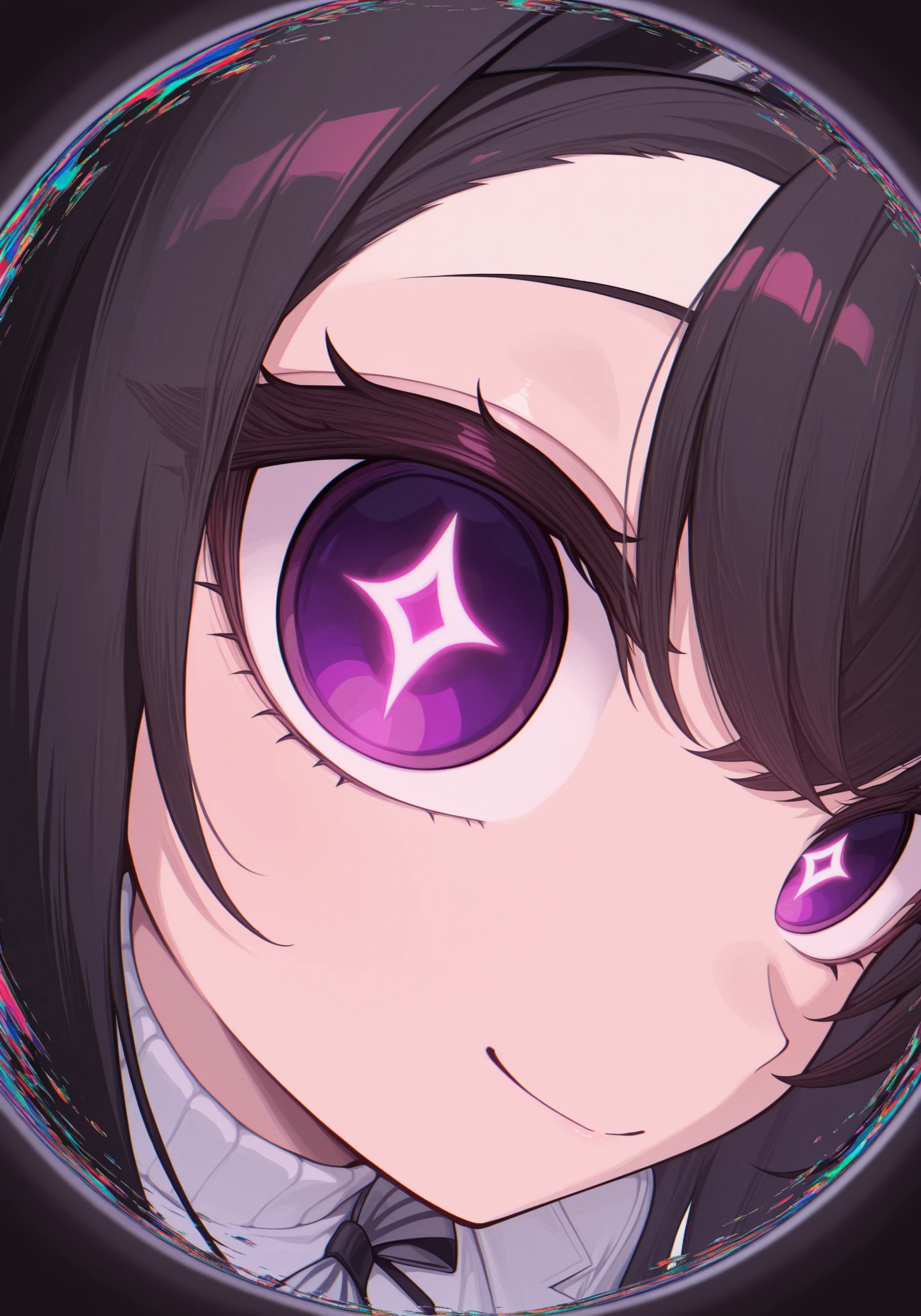 1girl, <lora:prts_sn59:1>, prts, black hair, black hairband, diamond pupils, white coat, striped bowtie, white turtleneck sweater,
<lora:Monitoring:1>, monitoring, (right eye focus):1.2, (psychedelic):1.2, smile, colors, fisheye, pov peephole, eyeball, from side:1.2, looking at viewer
(glitch, glitchy effects, glitchy screen:1.3), closed mouth, (close up:1.2),
high resolution, ultra-detailed, absurdres, masterpiece, best quality, good quality, newest
