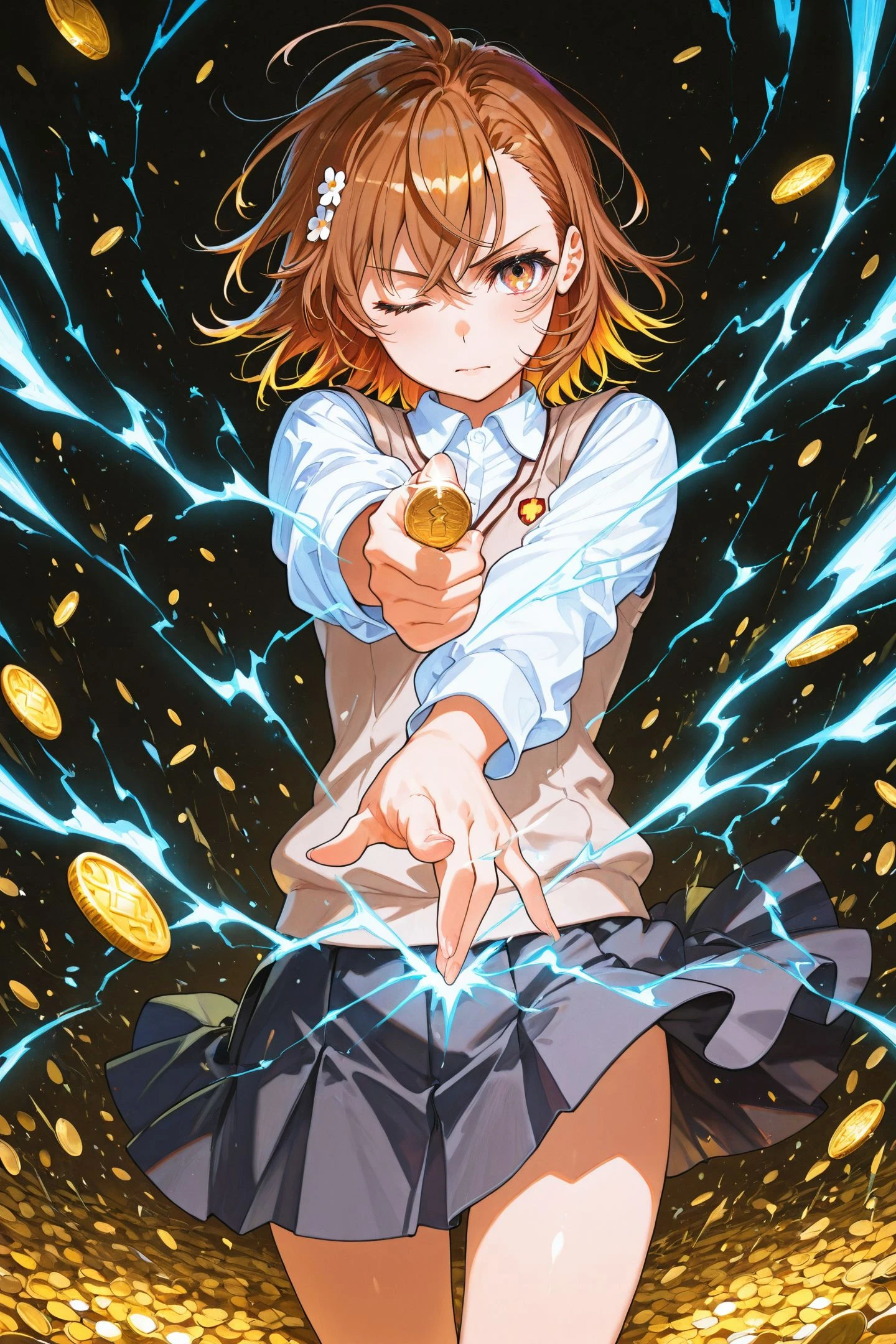1girl,solo,skirt,looking at viewer,shirt,multicolored eyes,white shirt,misaka mikoto,long sleeves,collared shirt,sweater vest,closed mouth,small breasts,vest,multicolored float,dark background,multicolored electricity,standing,traditional media,colorful,multicolored hair,wind lift,(coin:1.4),one eye closed,electrokinesis,aiming at viewer,foreshortening,shooting a coin with fingers,
<lora:Mika Pikazo_illustriousXL:0.9>,